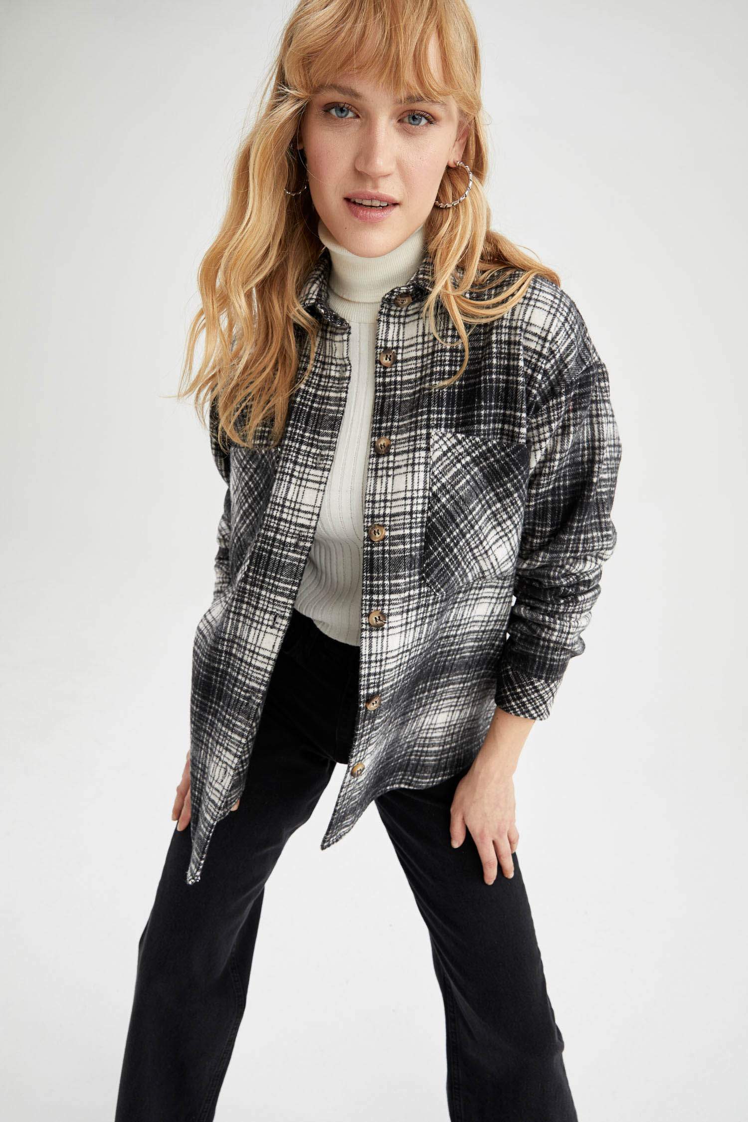 Regular Fit Ekose Desenli Cep Detaylı Flanel Oduncu Gömlek Tunik