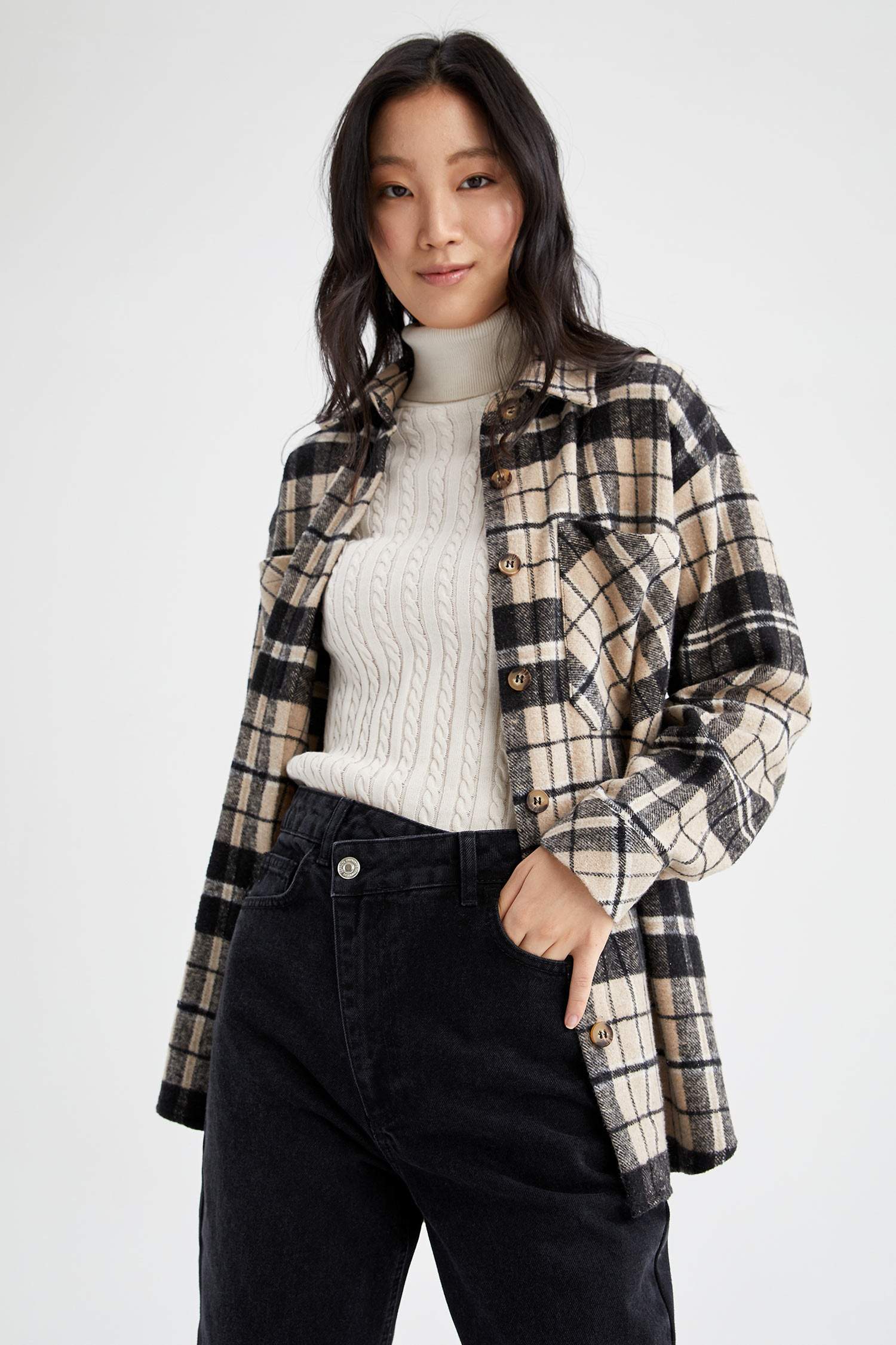 Regular Fit Ekose Desenli Cep Detaylı Flanel Oduncu Gömlek Tunik