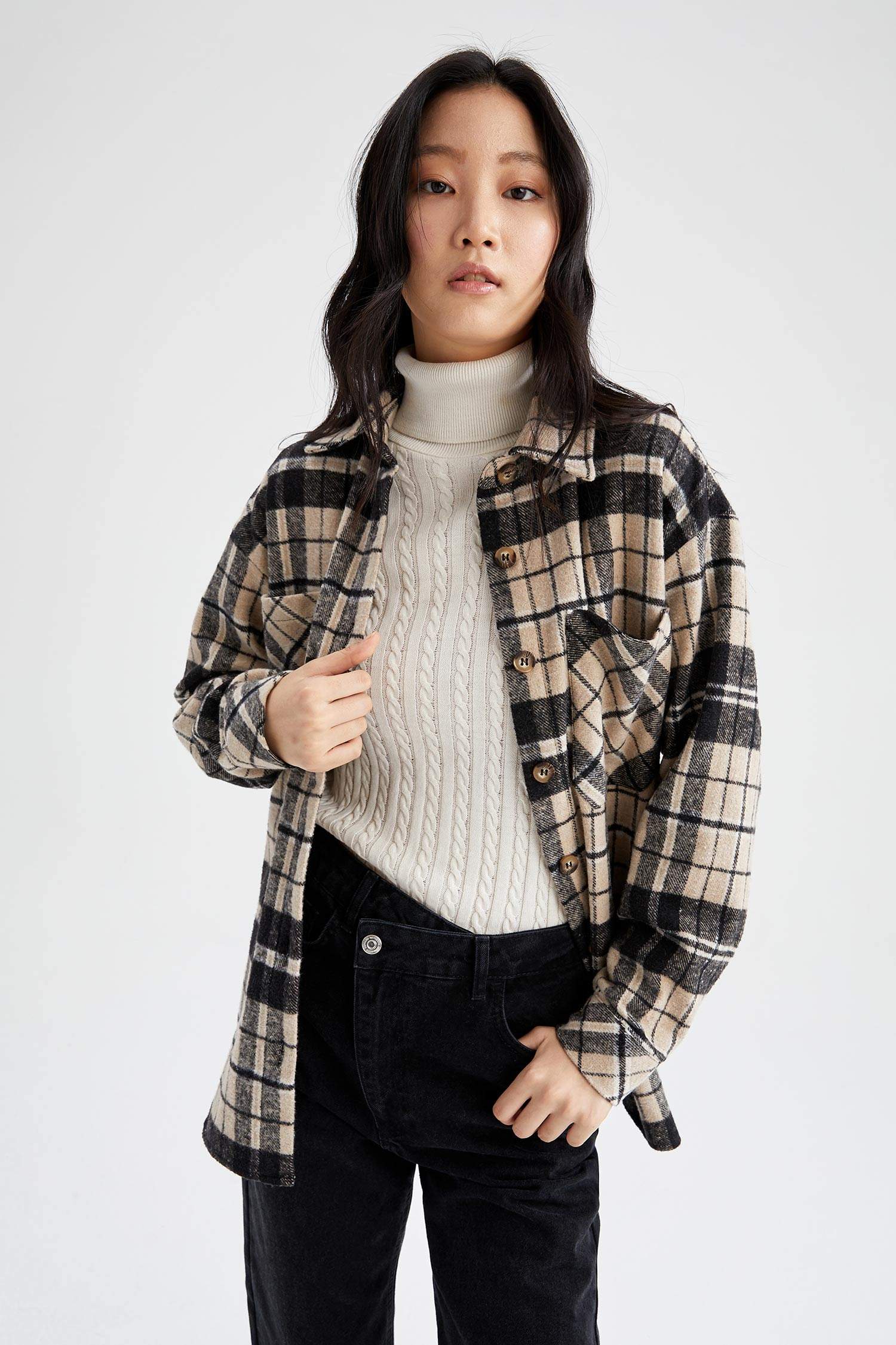 Regular Fit Ekose Desenli Cep Detaylı Flanel Oduncu Gömlek Tunik