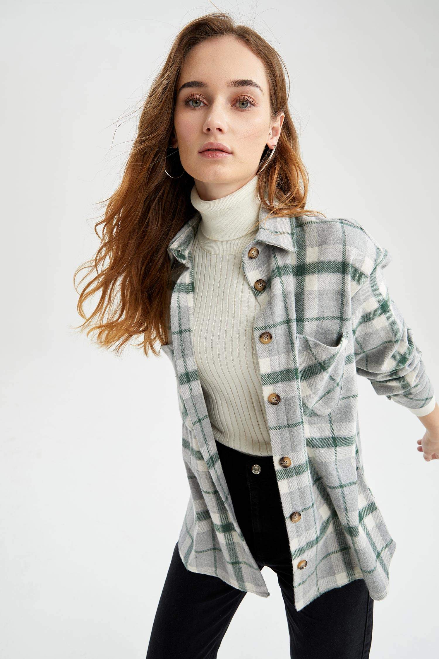 Regular Fit Ekose Desenli Cep Detaylı Flanel Oduncu Gömlek Tunik