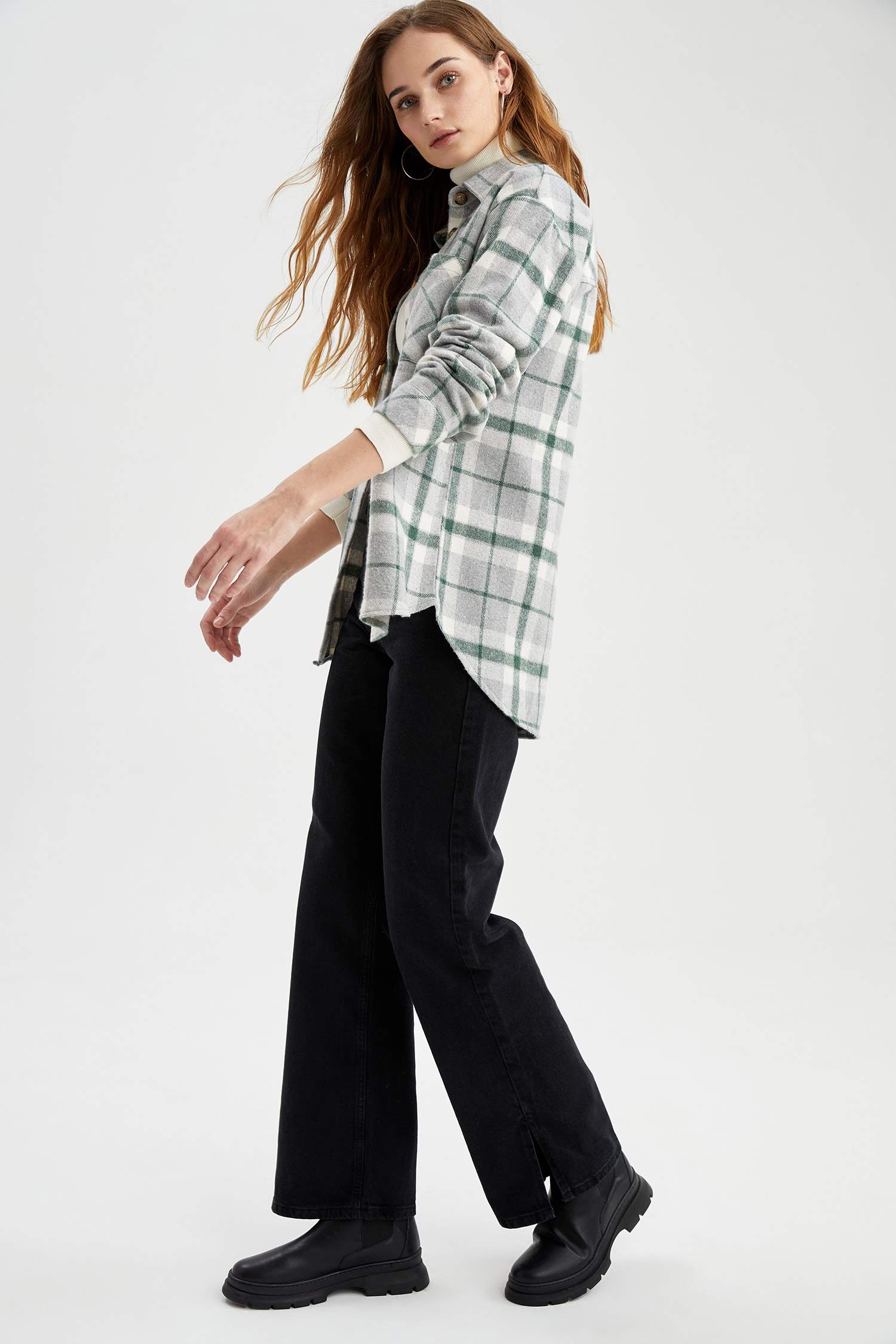Regular Fit Ekose Desenli Cep Detaylı Flanel Oduncu Gömlek Tunik