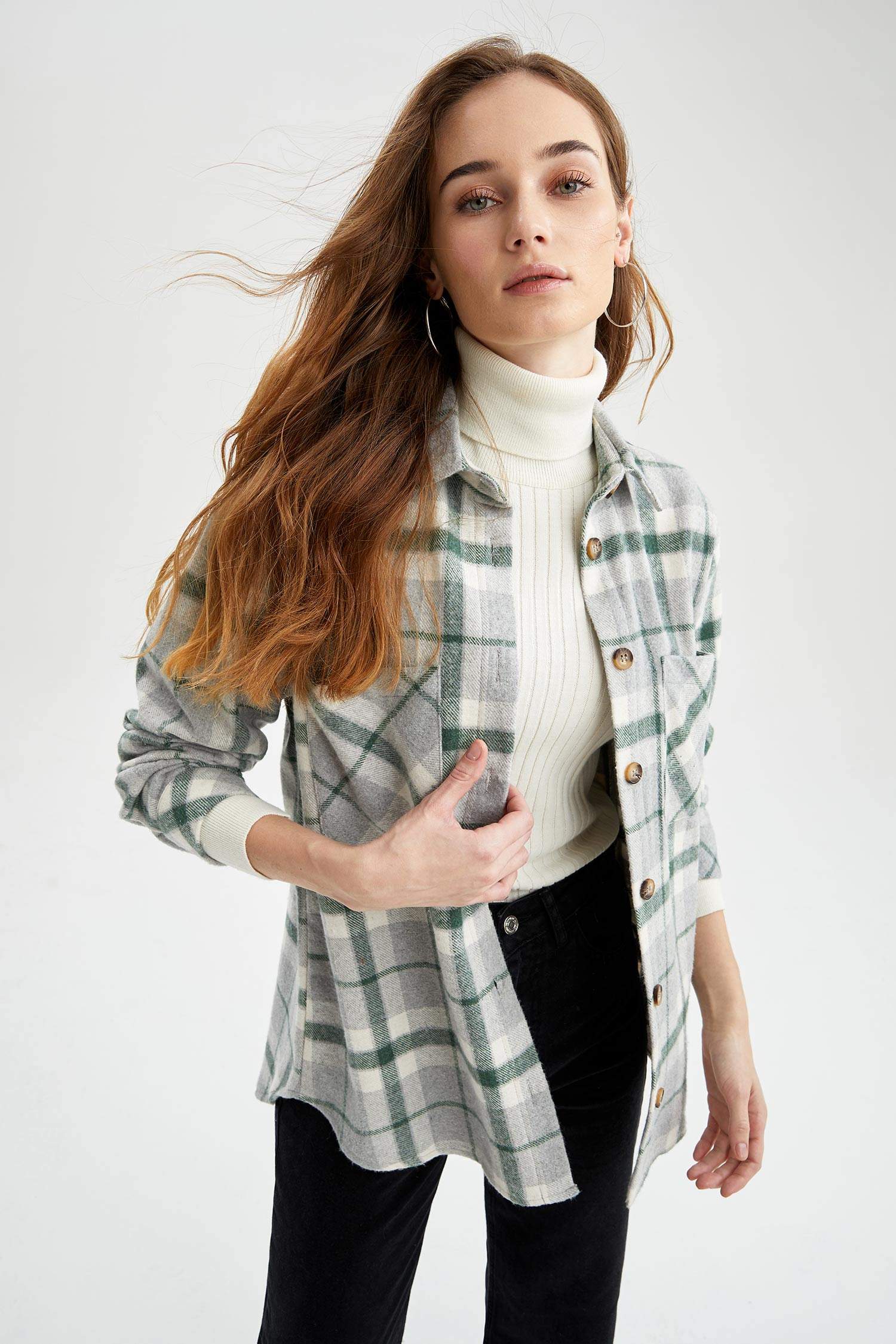Regular Fit Ekose Desenli Cep Detaylı Flanel Oduncu Gömlek Tunik