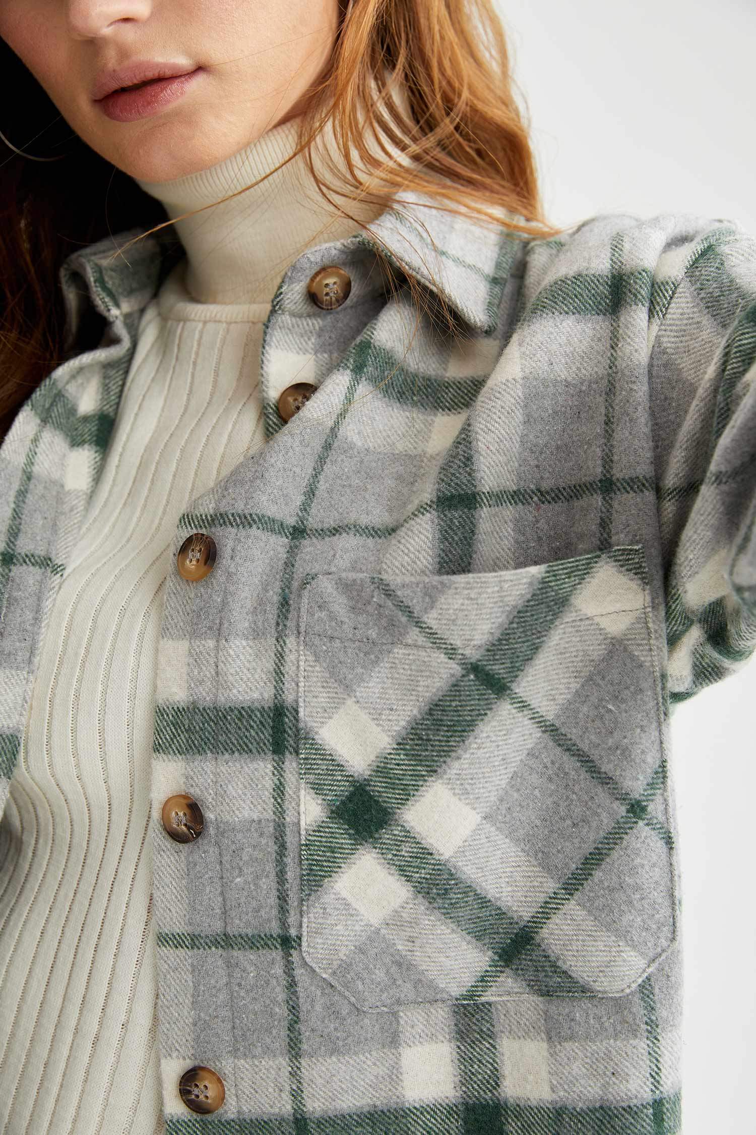 Regular Fit Ekose Desenli Cep Detaylı Flanel Oduncu Gömlek Tunik