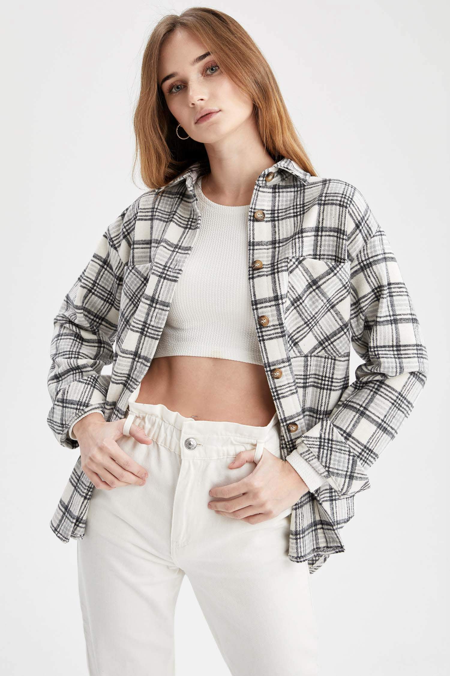 Regular Fit Ekose Desenli Cep Detaylı Flanel Oduncu Gömlek Tunik