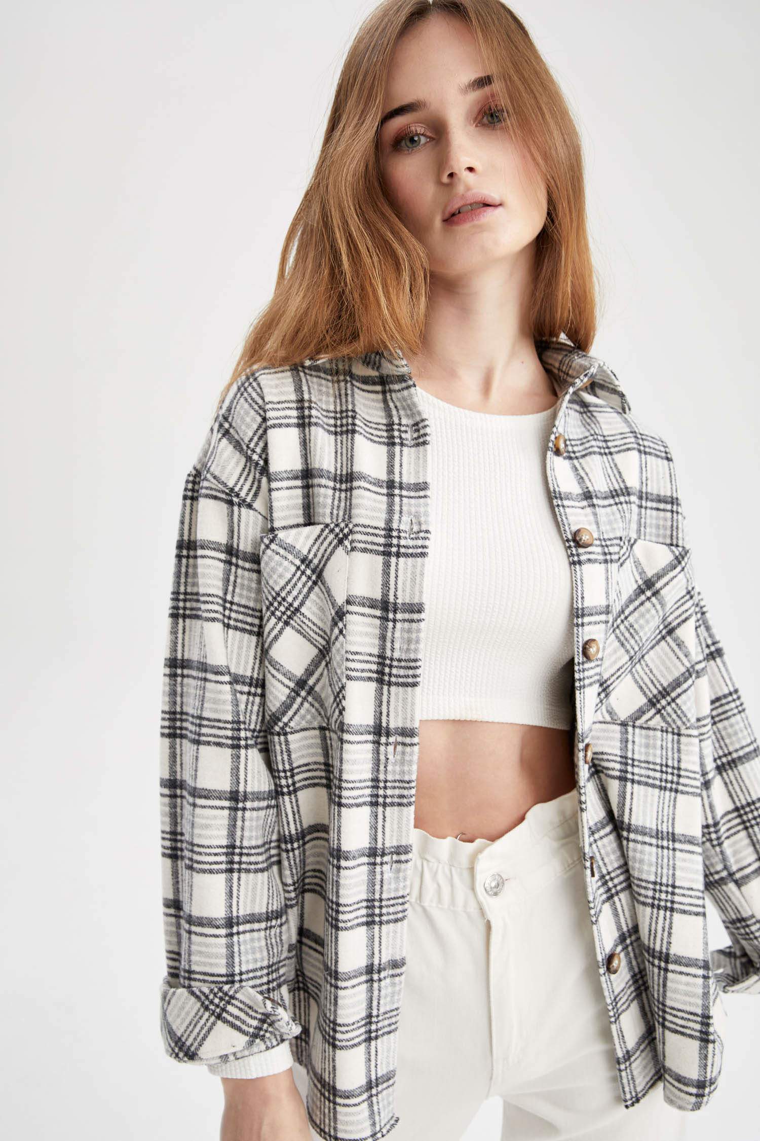Regular Fit Ekose Desenli Cep Detaylı Flanel Oduncu Gömlek Tunik