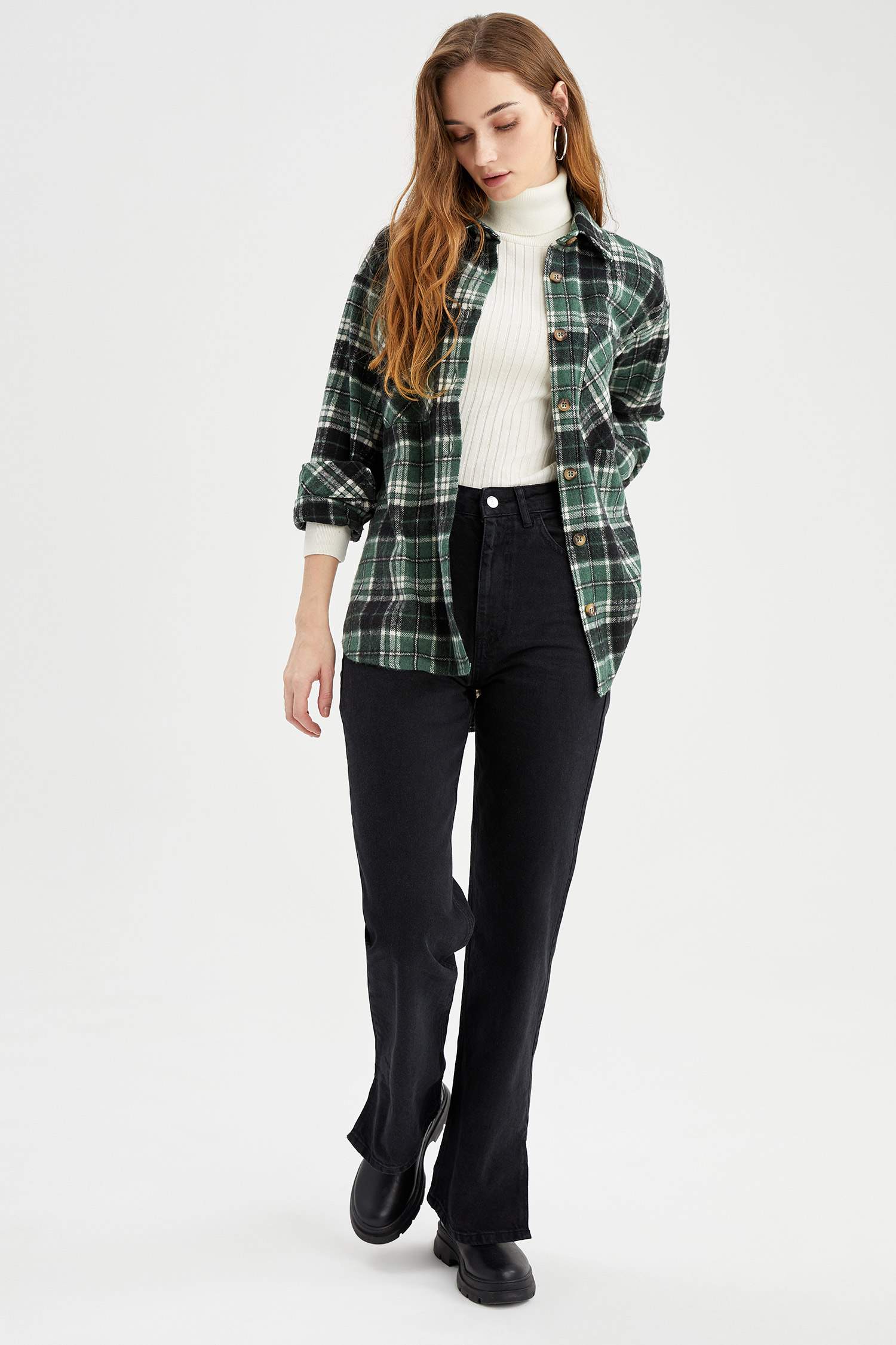 Regular Fit Ekose Desenli Cep Detaylı Flanel Oduncu Gömlek Tunik