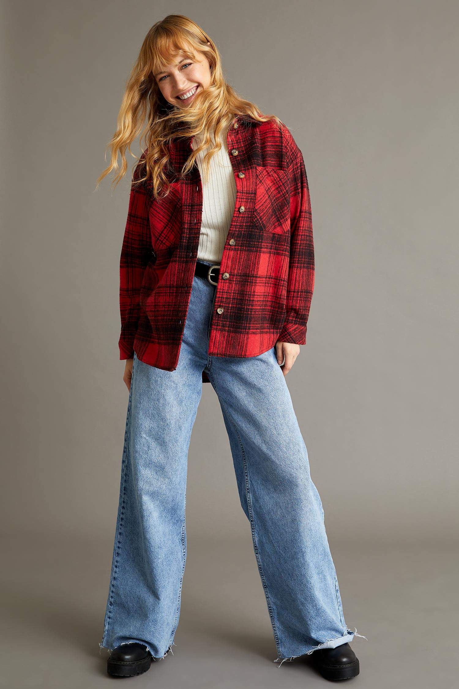 Regular Fit Ekose Desenli Cep Detaylı Flanel Oduncu Gömlek Tunik