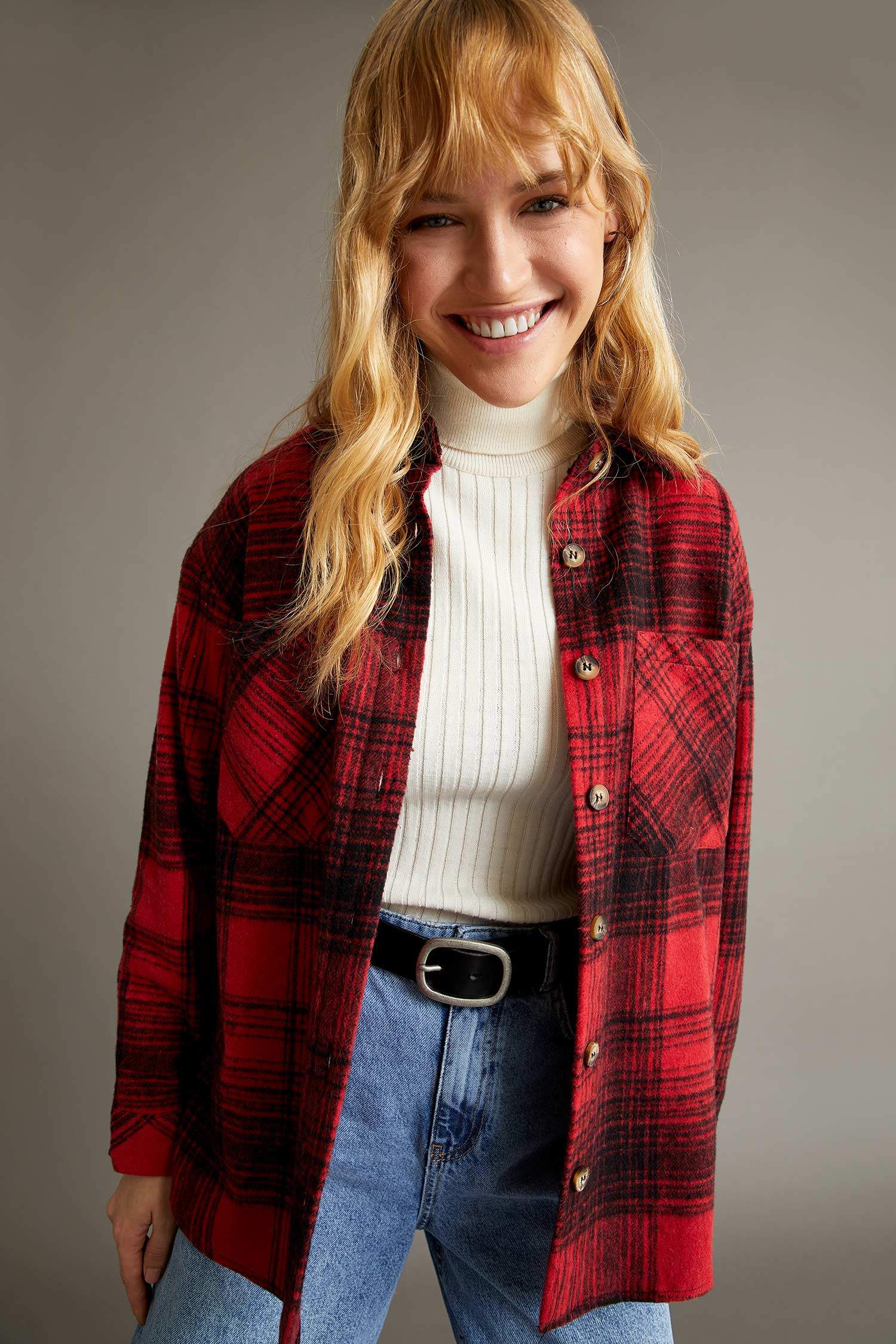 Regular Fit Ekose Desenli Cep Detaylı Flanel Oduncu Gömlek Tunik