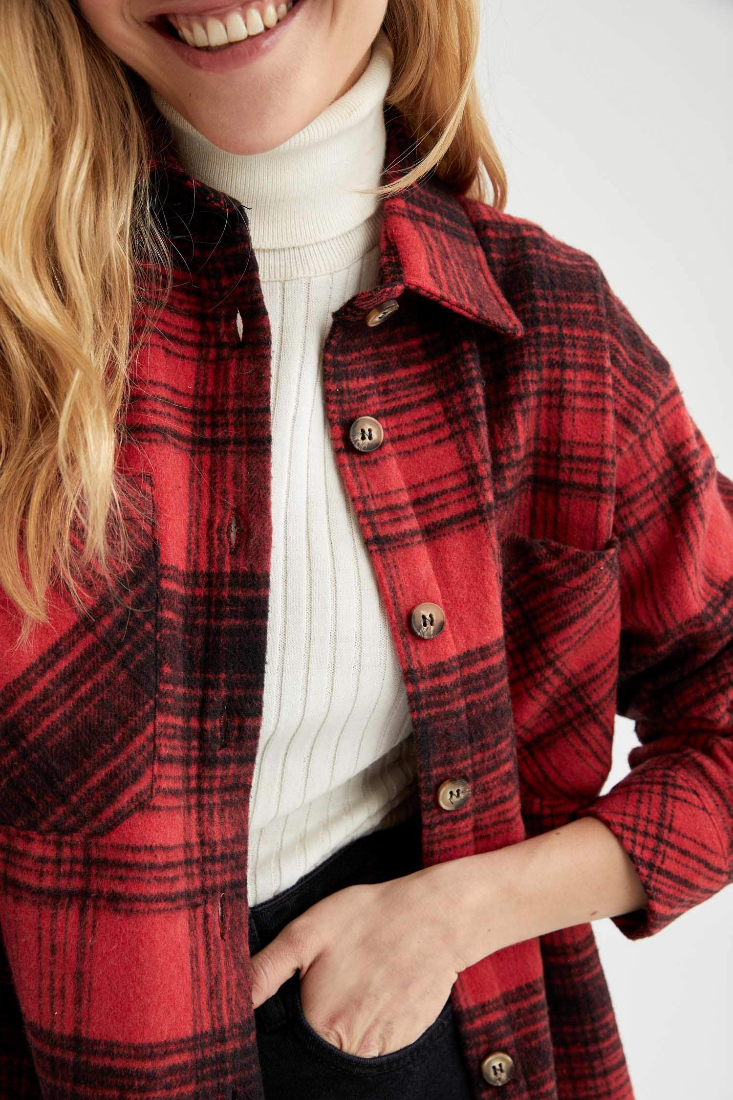 Regular Fit Ekose Desenli Cep Detaylı Flanel Oduncu Gömlek Tunik