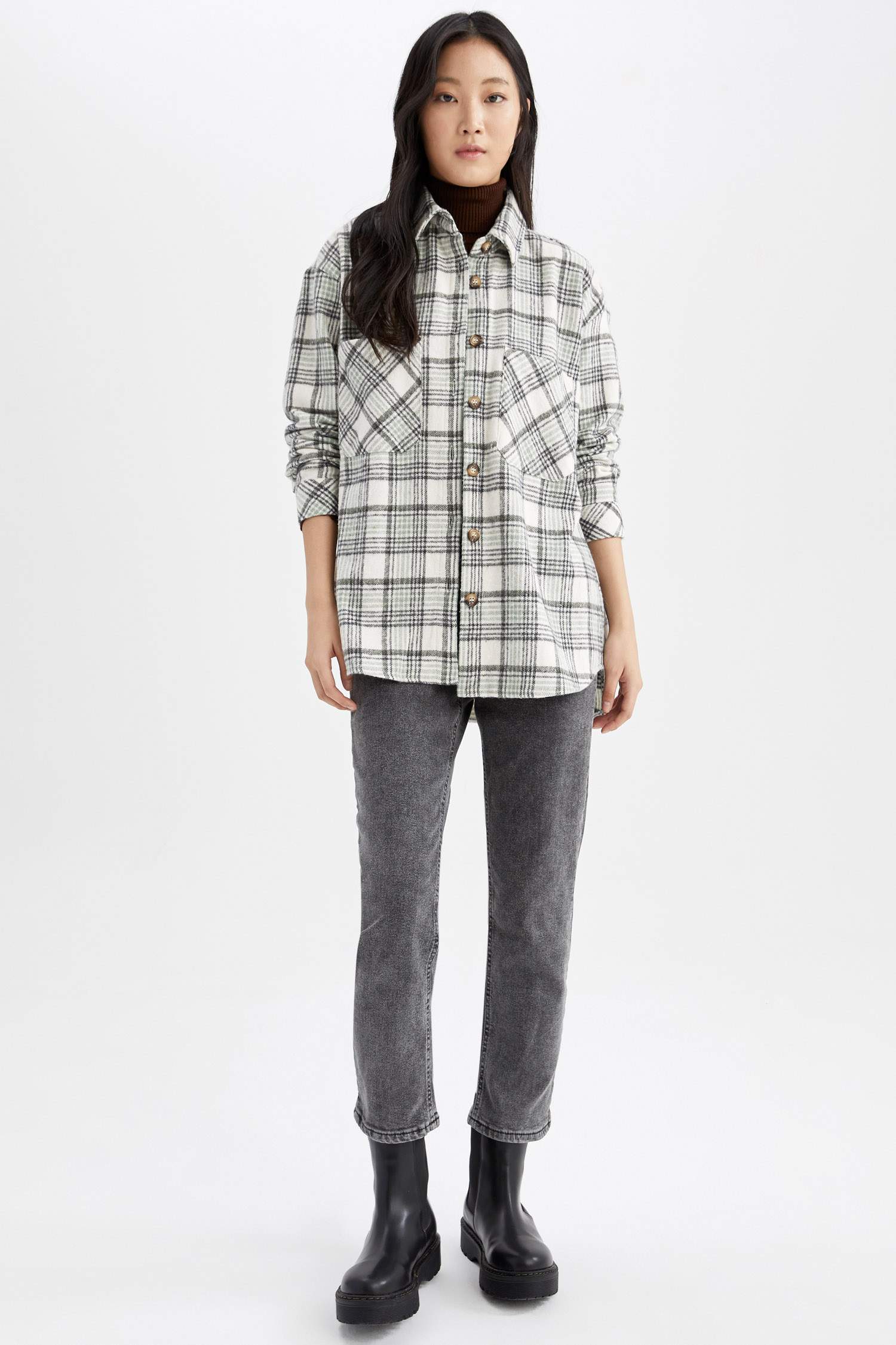 Regular Fit Ekose Desenli Cep Detaylı Flanel Oduncu Gömlek Tunik