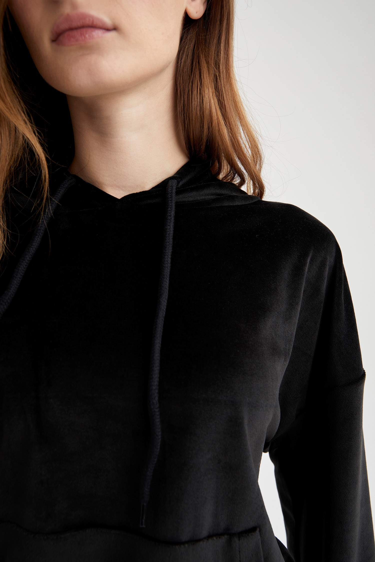 Basic Kapüşonlu Kanguru Cepli Relax Fit Kadife Sweatshirt