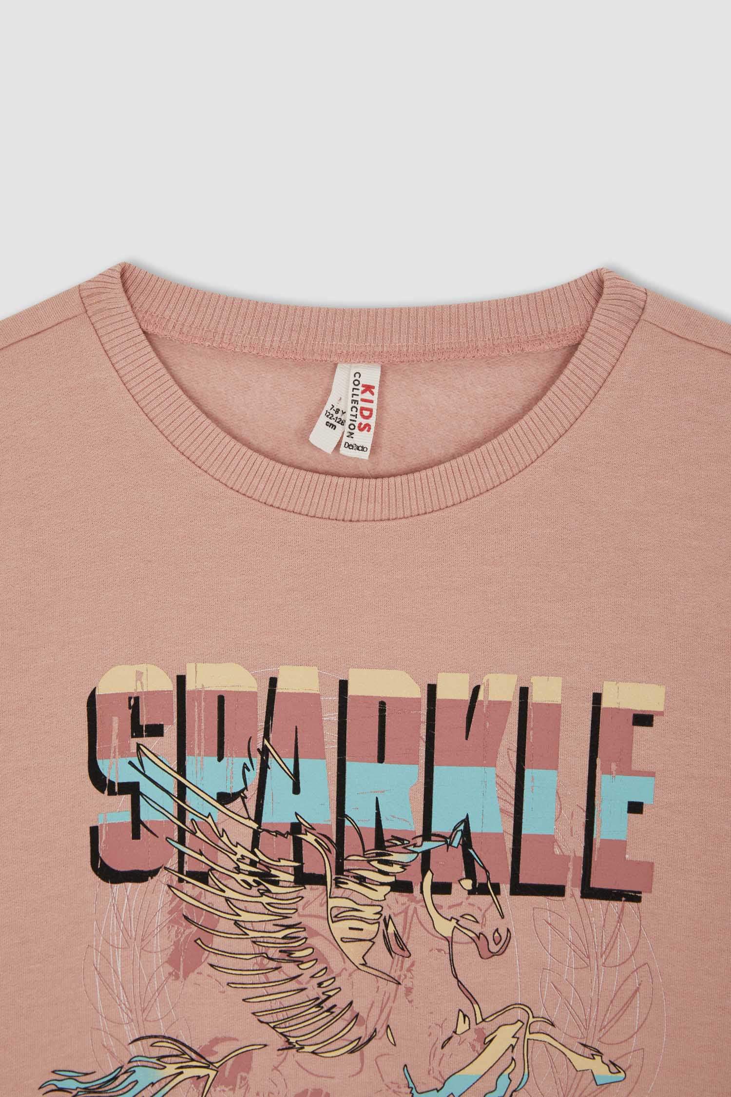 Kız Çocuk Regular Fit Bisiklet Yaka Unicorn Baskılı İçi Yumuşak Tüylü Sweatshirt