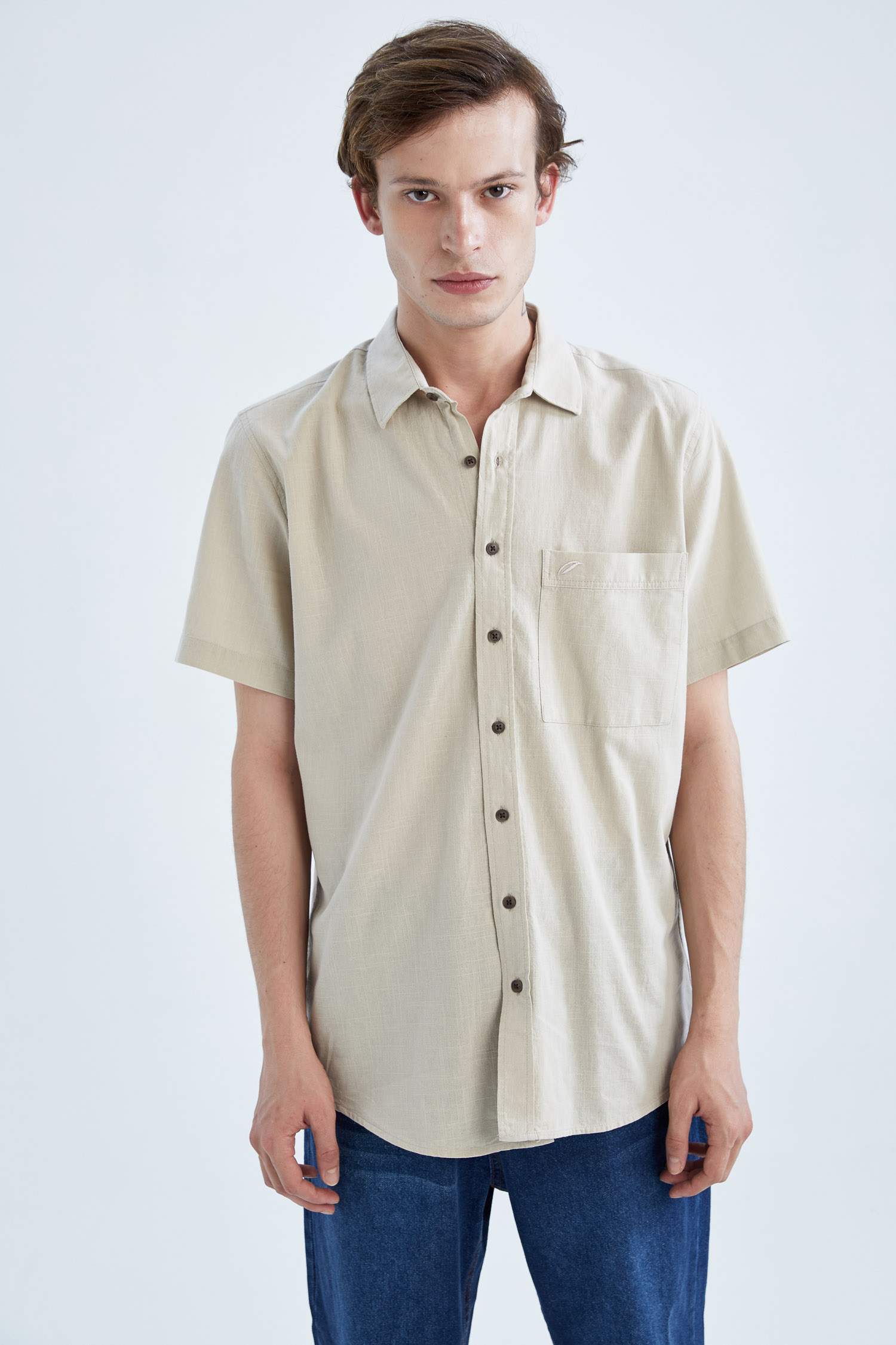 Ecru Man Regular Fit Cotton Short Sleeve Shirt Defacto