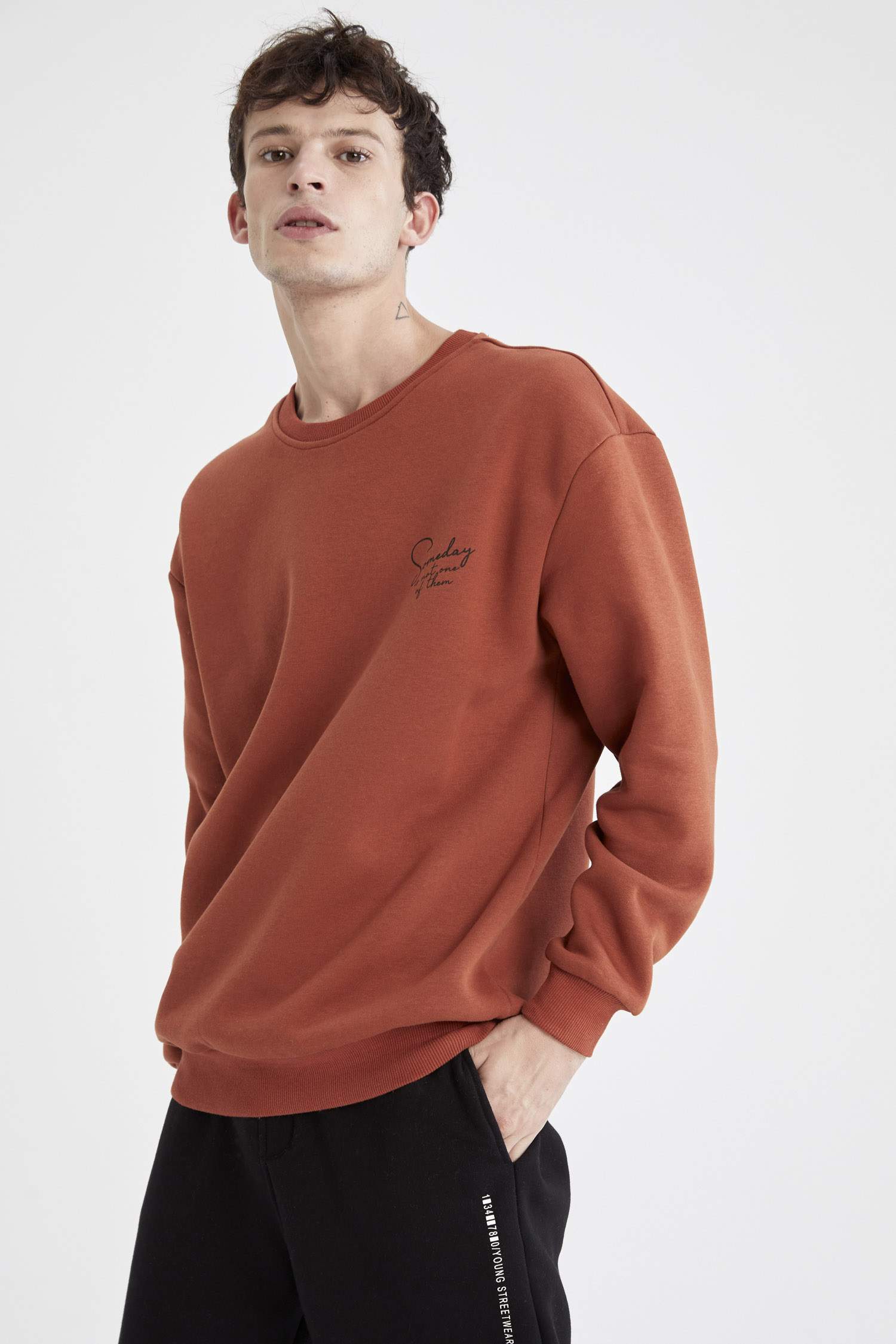 Boxy Fit Bisiklet Yaka Sırt Baskılı Uzun Kollu İçi Yumuşak Tüylü Sweatshirt