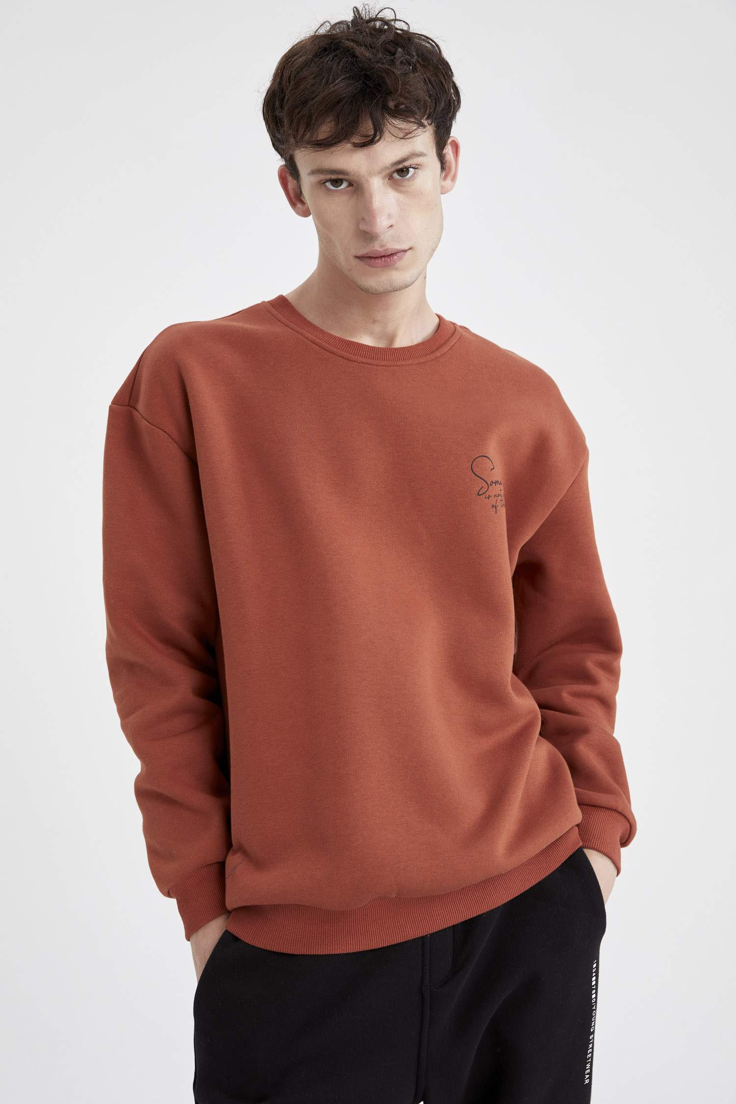 Boxy Fit Bisiklet Yaka Sırt Baskılı Uzun Kollu İçi Yumuşak Tüylü Sweatshirt