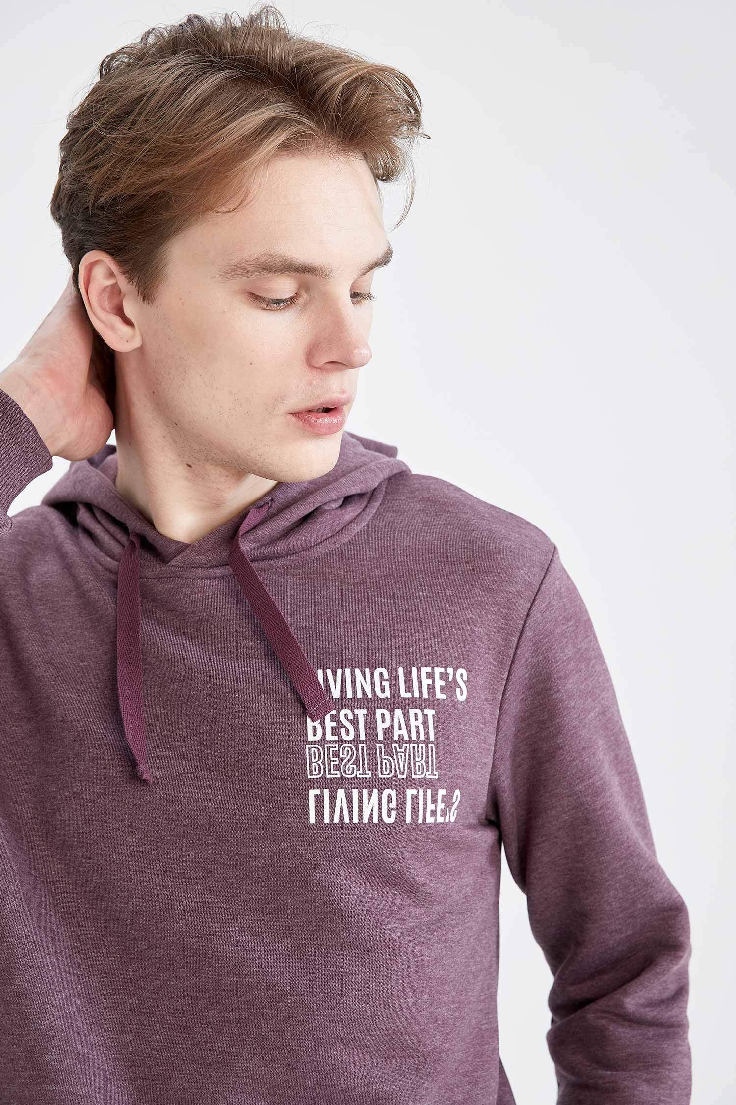 Slim Fit Kapüşonlu Slogan Desenli Uzun Kollu Sweatshirt