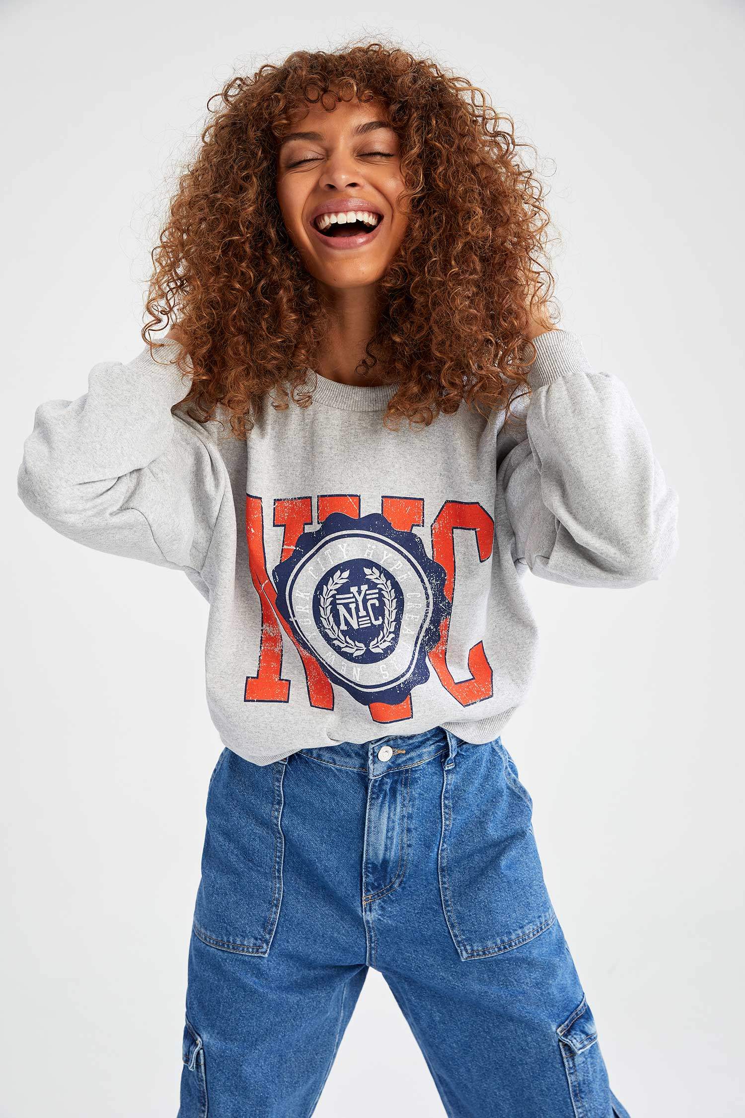 Kolej Baskılı İçi Yumuşak Tüylü Bisiklet Yaka Oversize Fit Sweatshirt