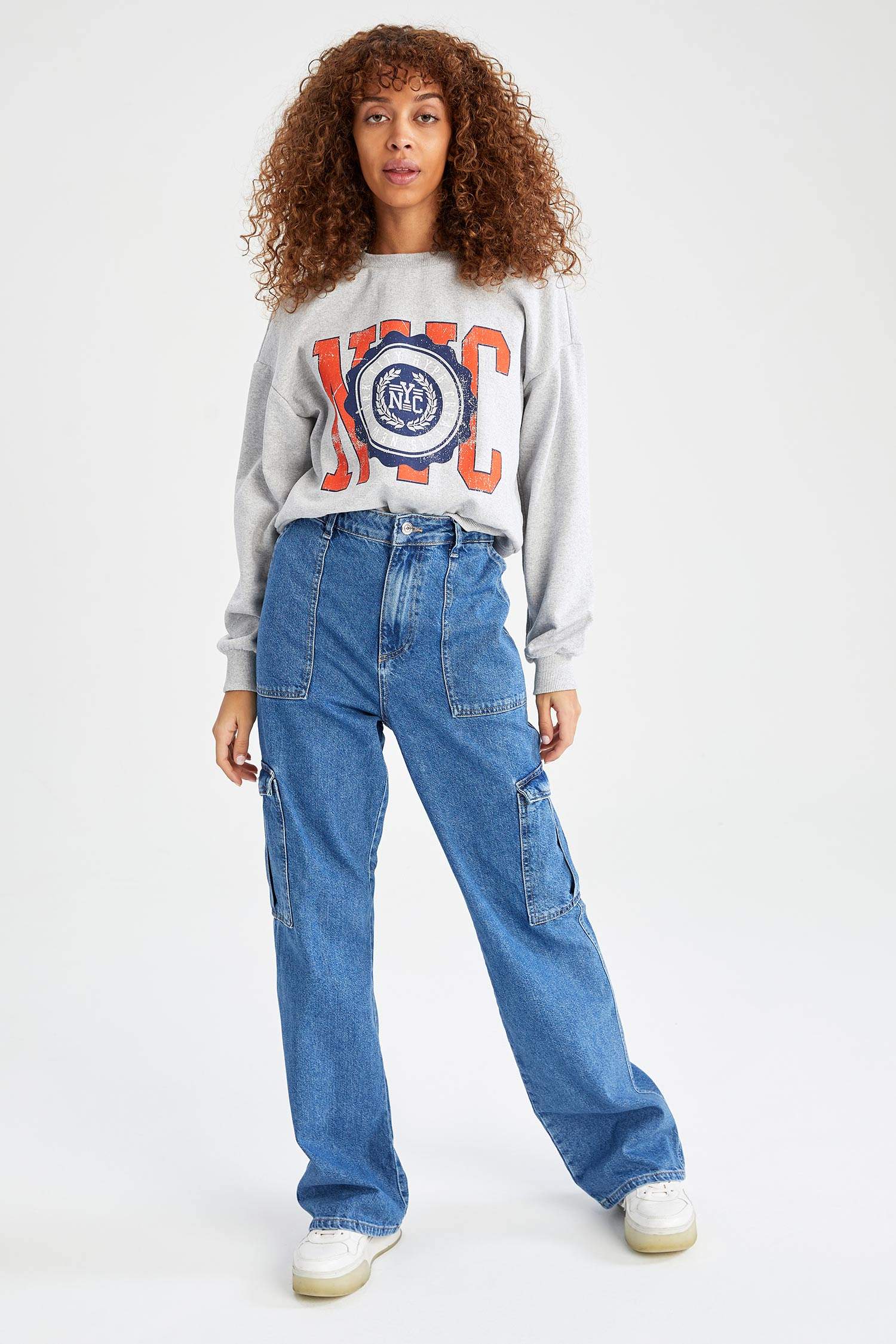 Kolej Baskılı İçi Yumuşak Tüylü Bisiklet Yaka Oversize Fit Sweatshirt