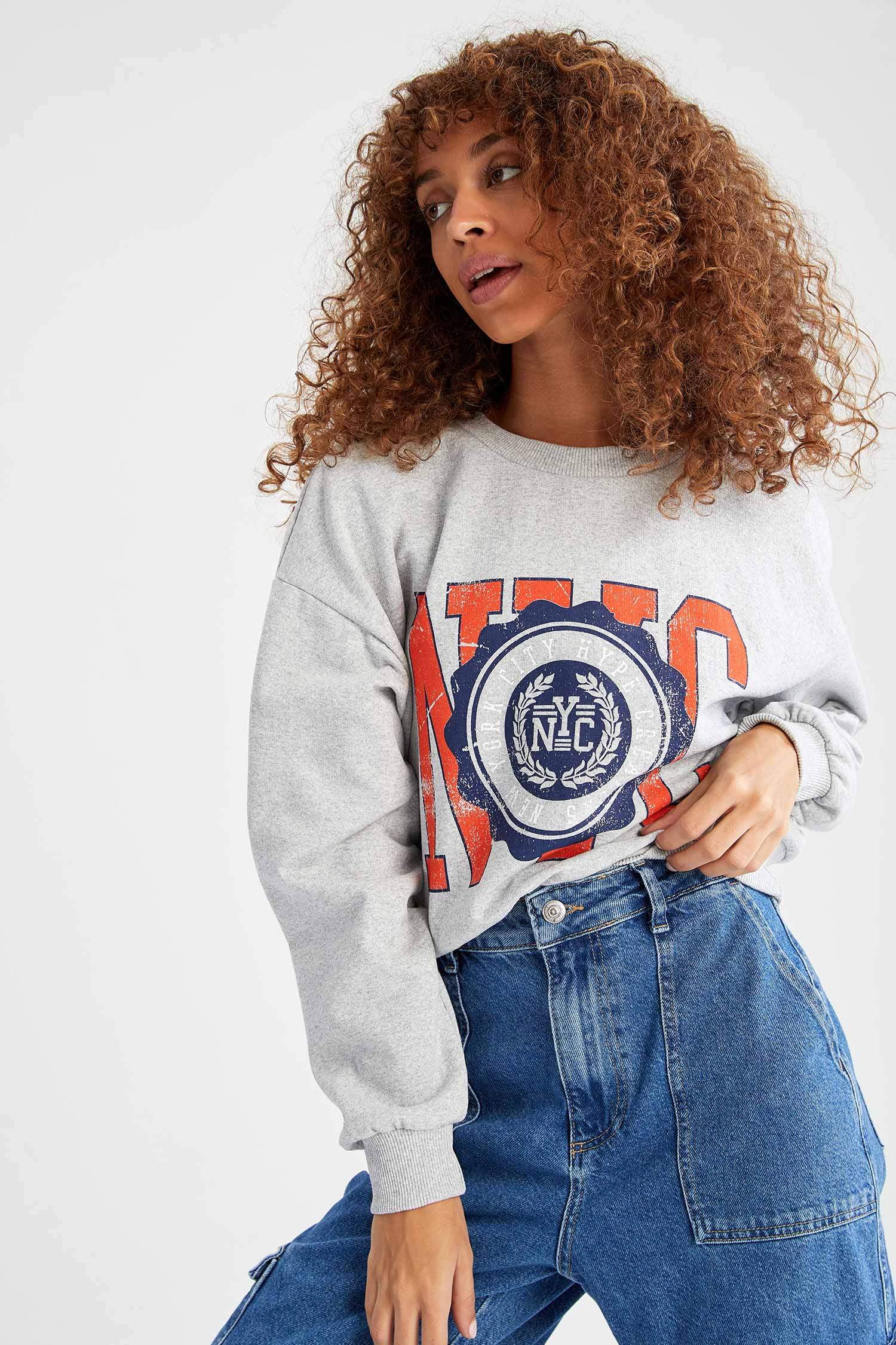 Kolej Baskılı İçi Yumuşak Tüylü Bisiklet Yaka Oversize Fit Sweatshirt