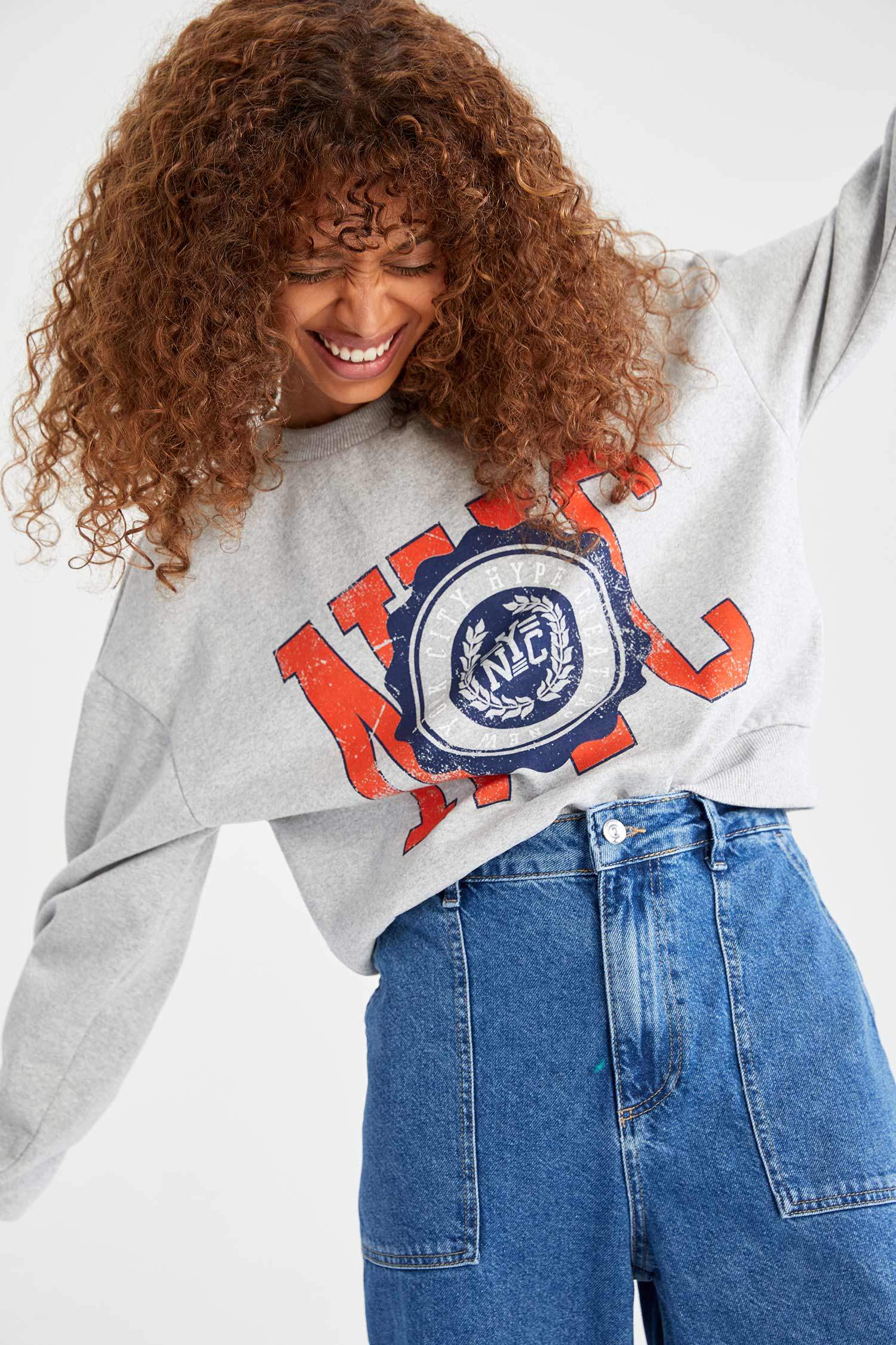 Kolej Baskılı İçi Yumuşak Tüylü Bisiklet Yaka Oversize Fit Sweatshirt