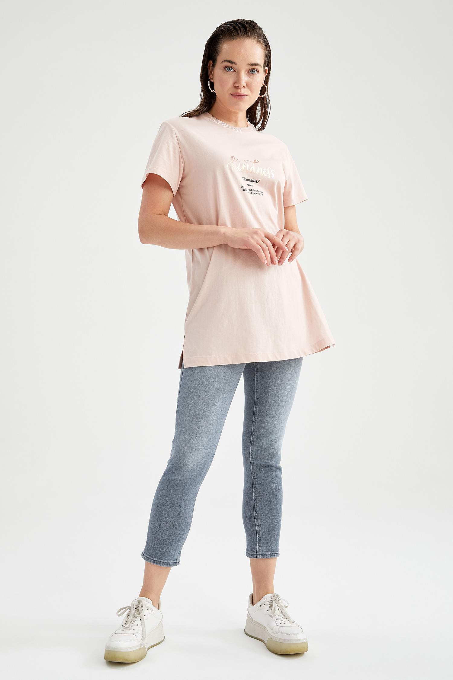 Regular Fit Varak Baskılı Bisiklet Yaka Kısa Kollu Pamuklu Tunik Tişört