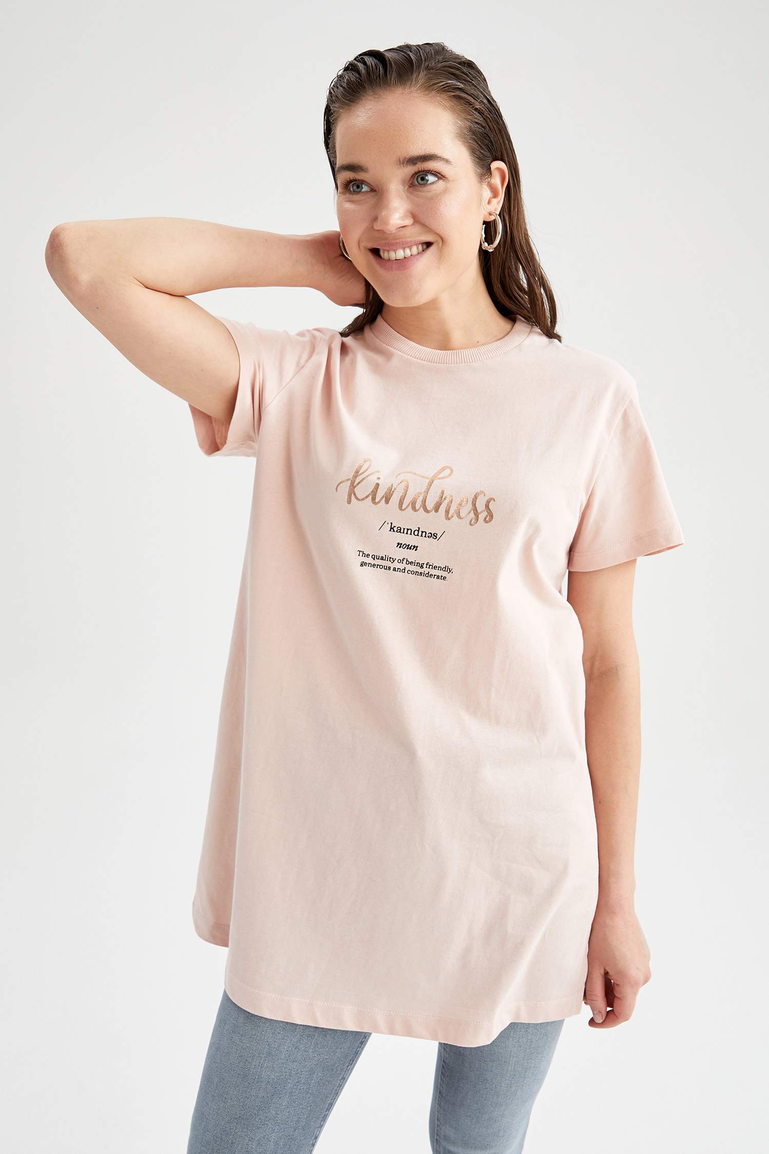 Regular Fit Varak Baskılı Bisiklet Yaka Kısa Kollu Pamuklu Tunik Tişört