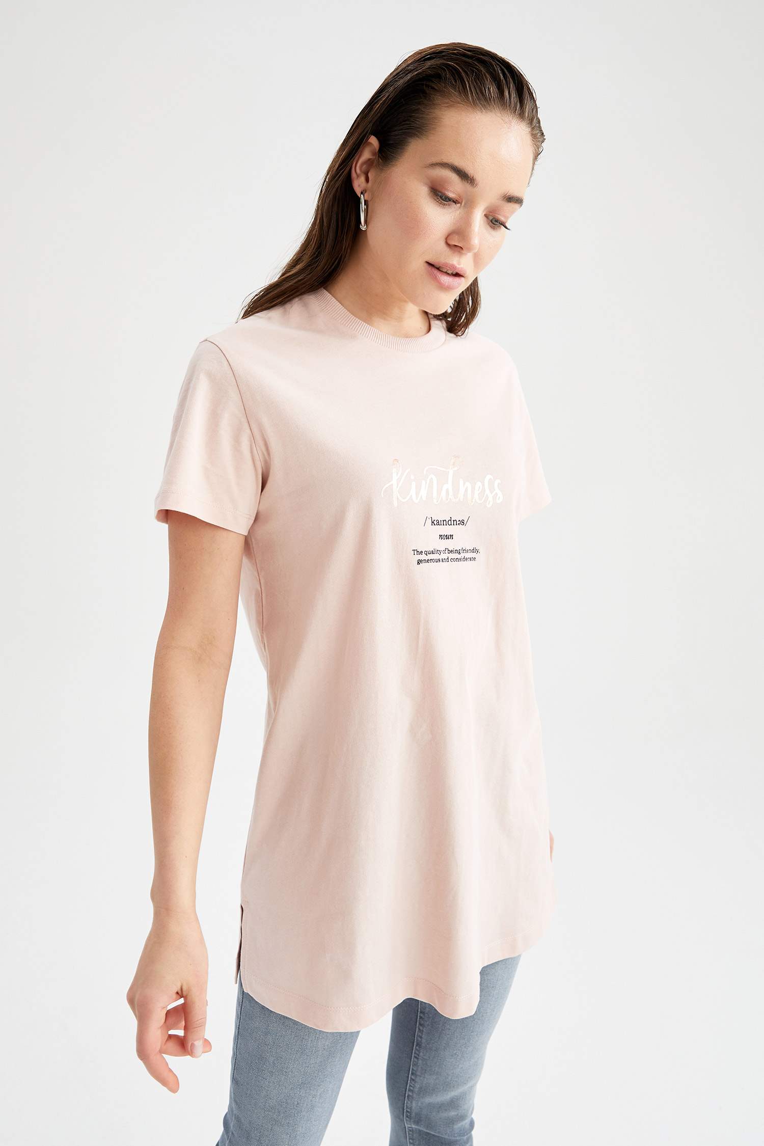 Regular Fit Varak Baskılı Bisiklet Yaka Kısa Kollu Pamuklu Tunik Tişört