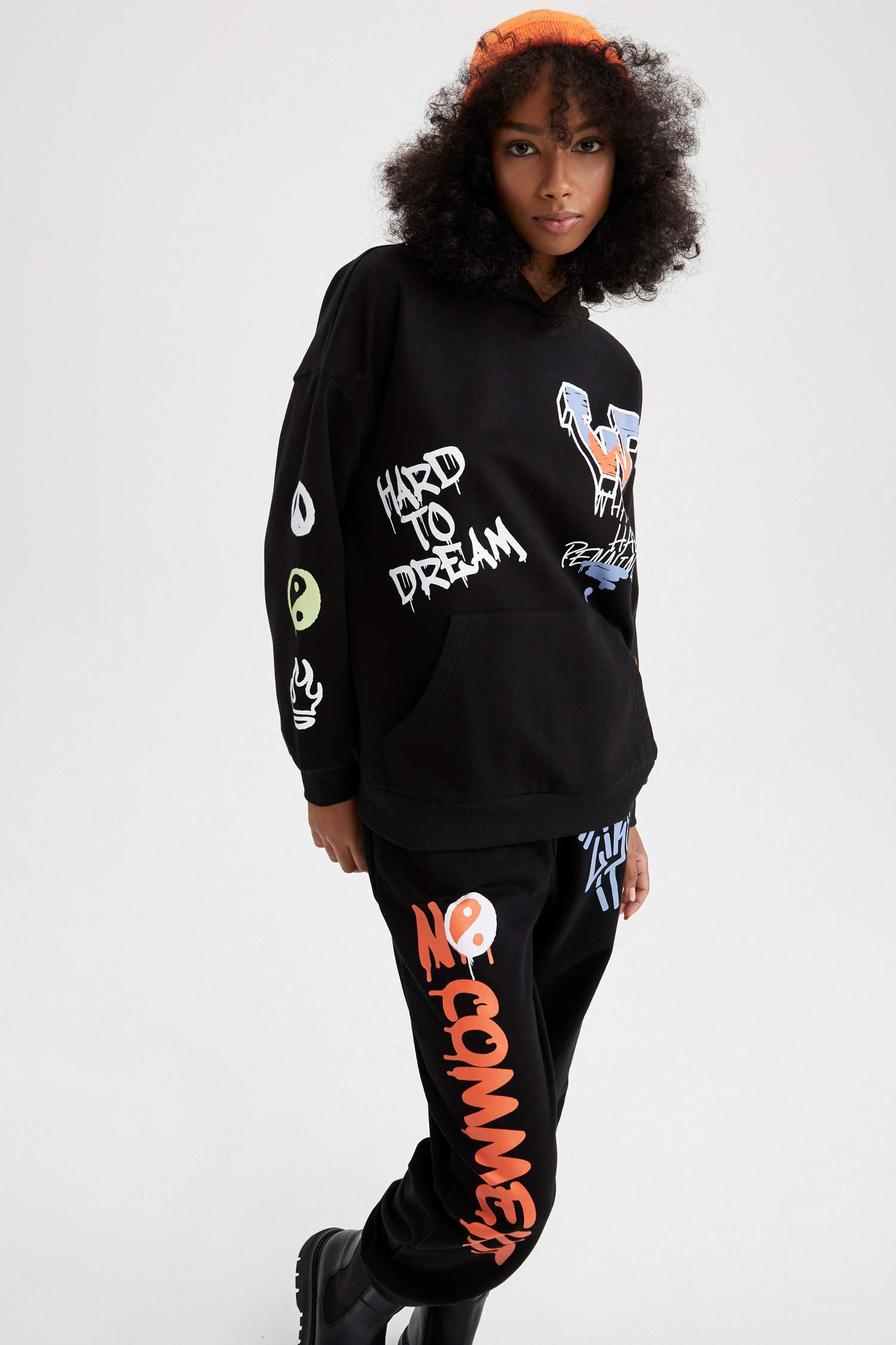 Coool Oversize Fit Slogan Baskılı Kapüşonlu Uzun Kollu Sweatshirt