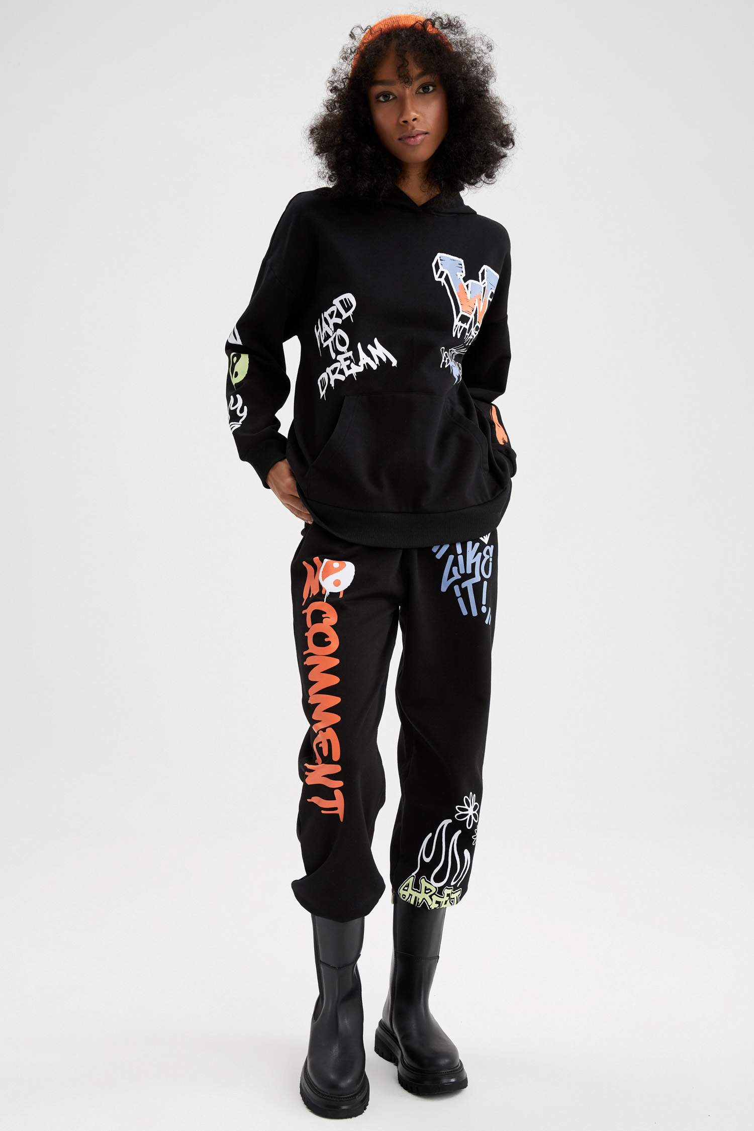 Coool Oversize Fit Slogan Baskılı Kapüşonlu Uzun Kollu Sweatshirt