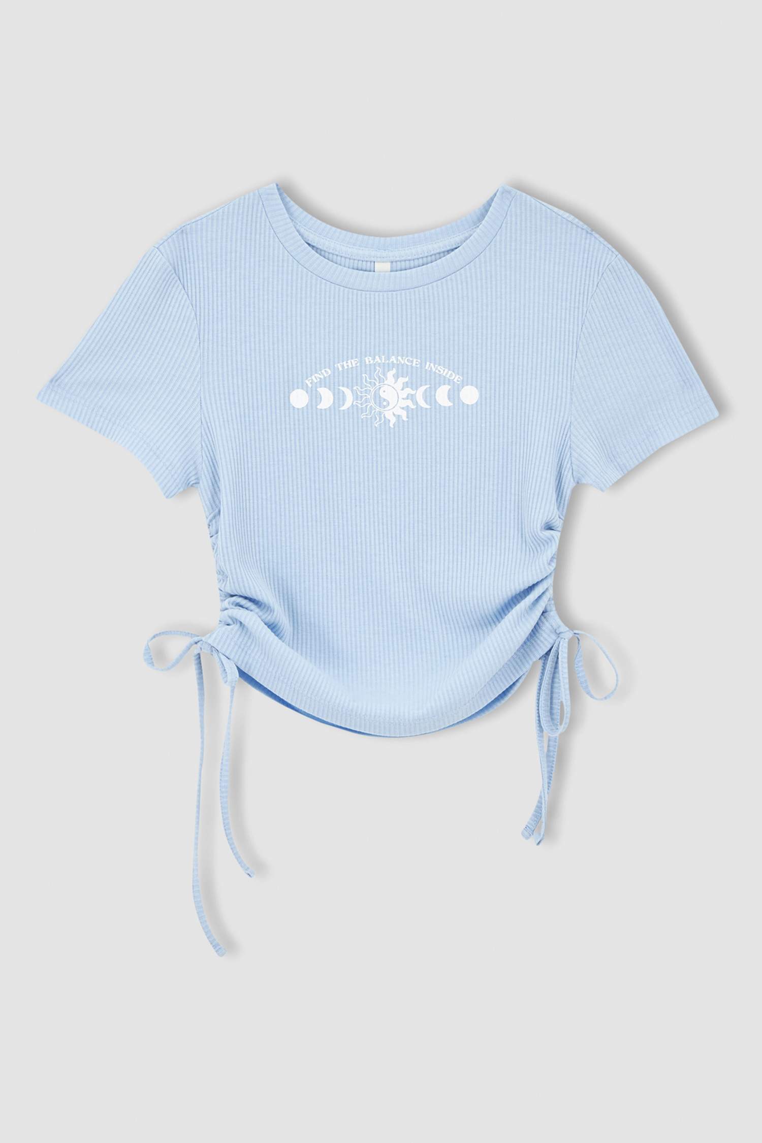 Slim Fit Mistik Slogan Baskılı Kısa Kollu Fitili Crop Tişört