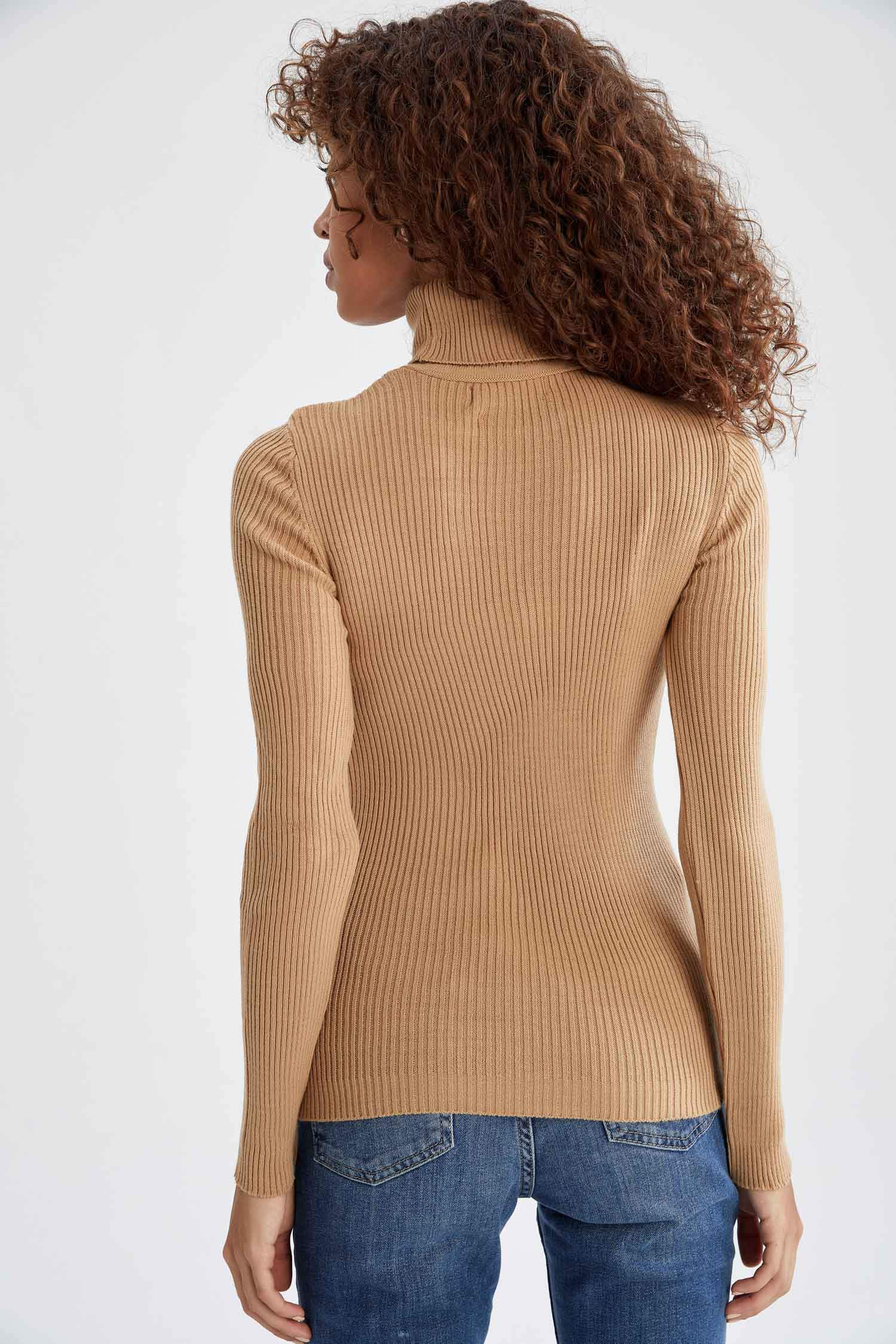Slim Long Fit Balıkçı Yaka Ribanalı Kazak