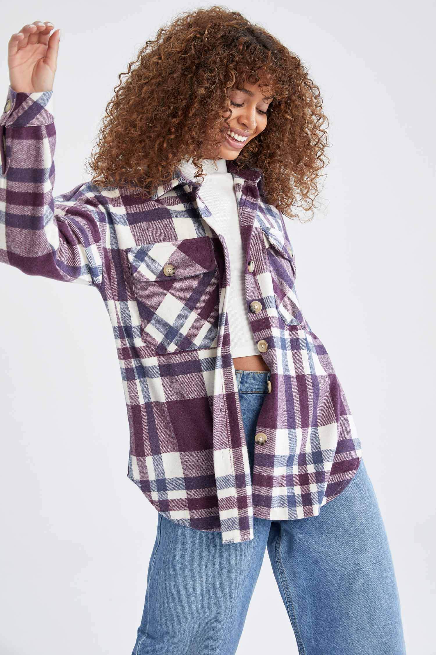Oversize Fit Retro Ekose Desenli Uzun Kollu Flanel Gömlek Tunik