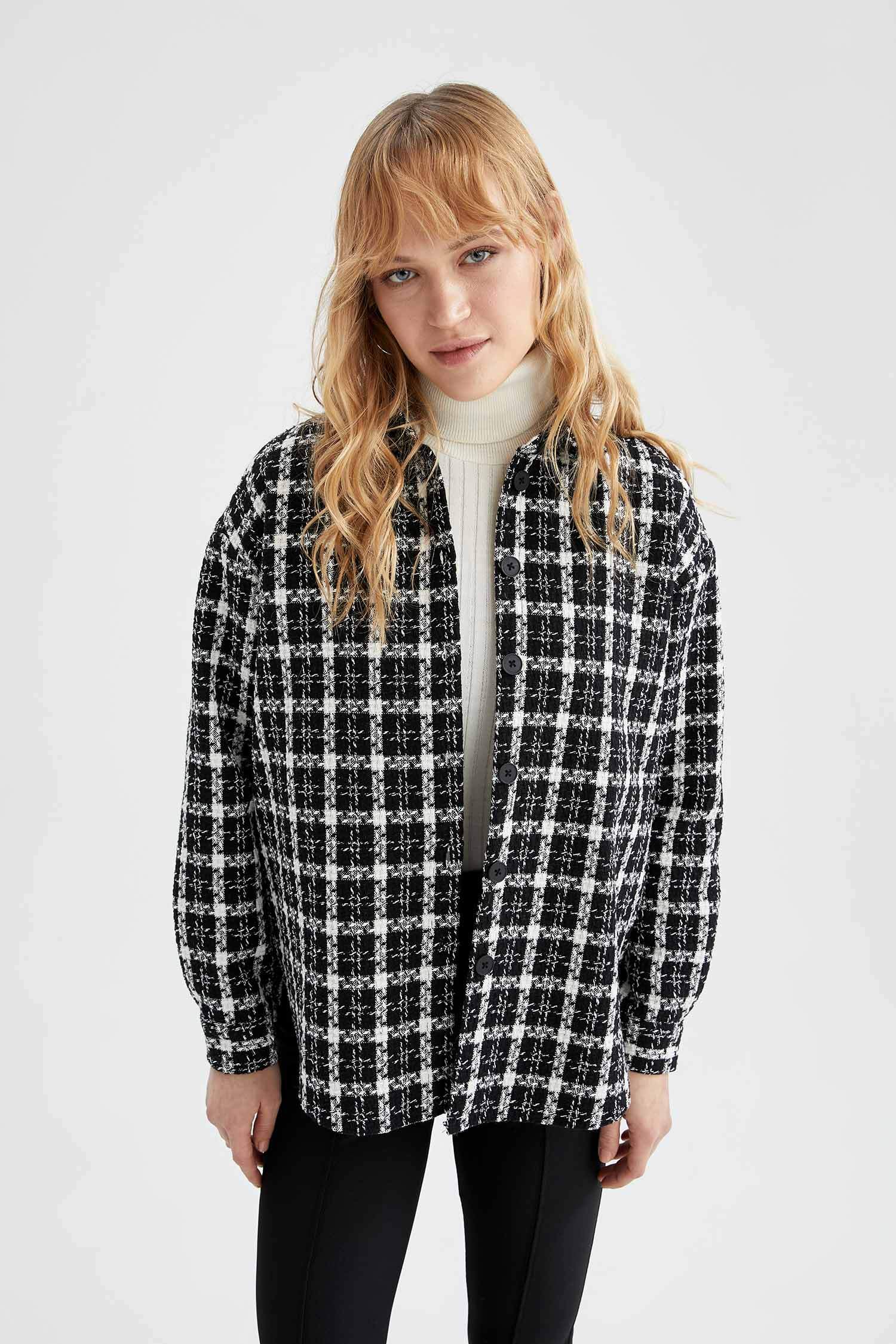 Oversize Fit Retro Ekose Desenli Uzun Kollu Gömlek