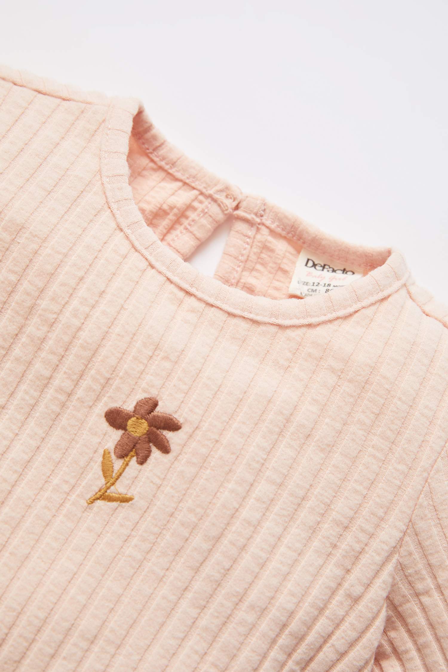 Kız Bebek Regular Fit Uzun Kollu Çiçek Nakışlı Fitilli 2'li Pijama Takım