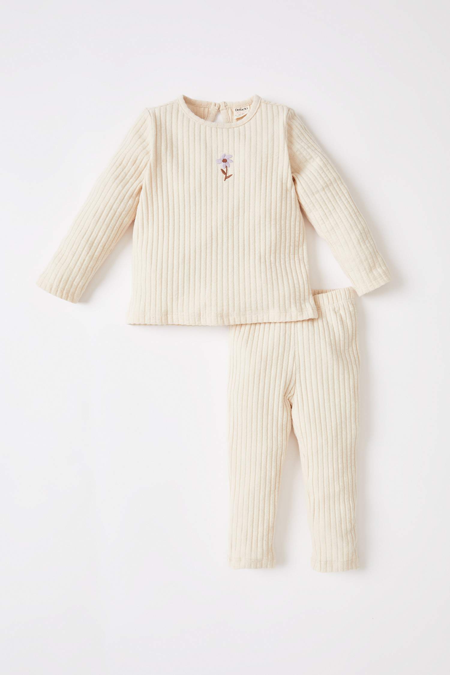 Kız Bebek Regular Fit Uzun Kollu Çiçek Nakışlı Fitilli 2'li Pijama Takım