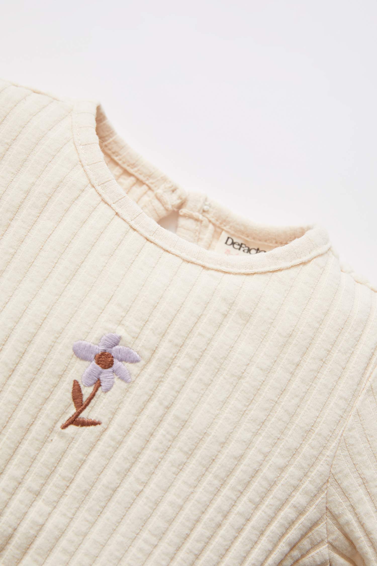 Kız Bebek Regular Fit Uzun Kollu Çiçek Nakışlı Fitilli 2'li Pijama Takım