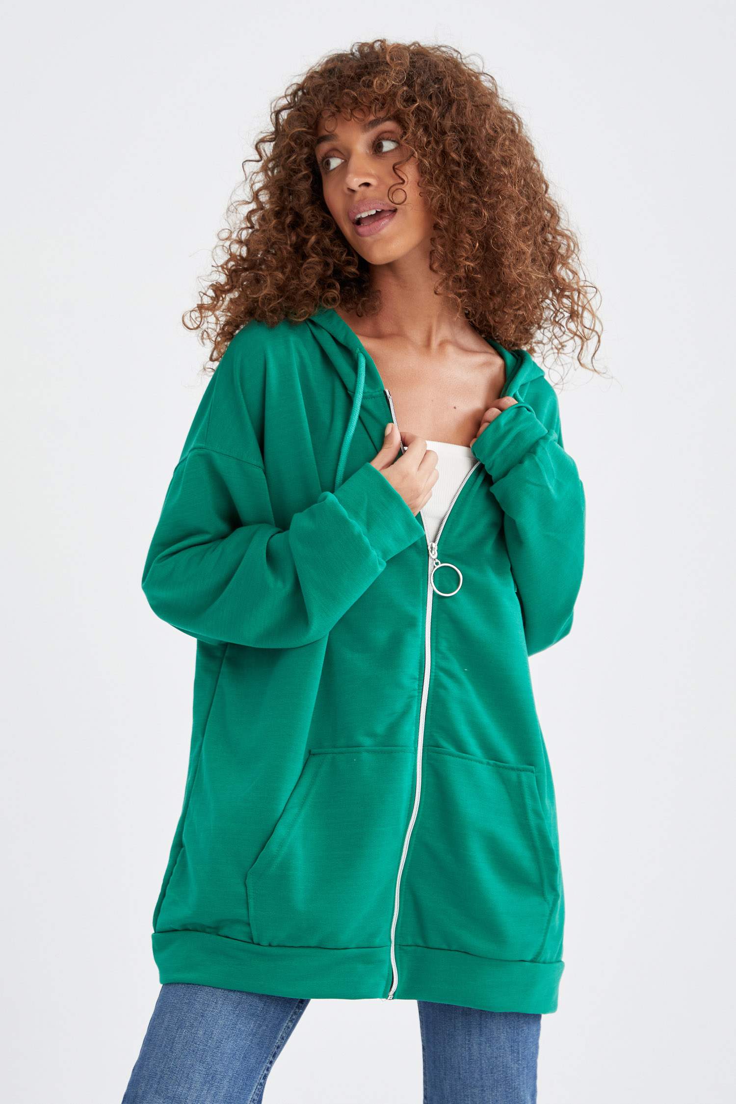 Kapüşonlu Oversize Fit Cep Detaylı Fermuarlı Sweat Hırka