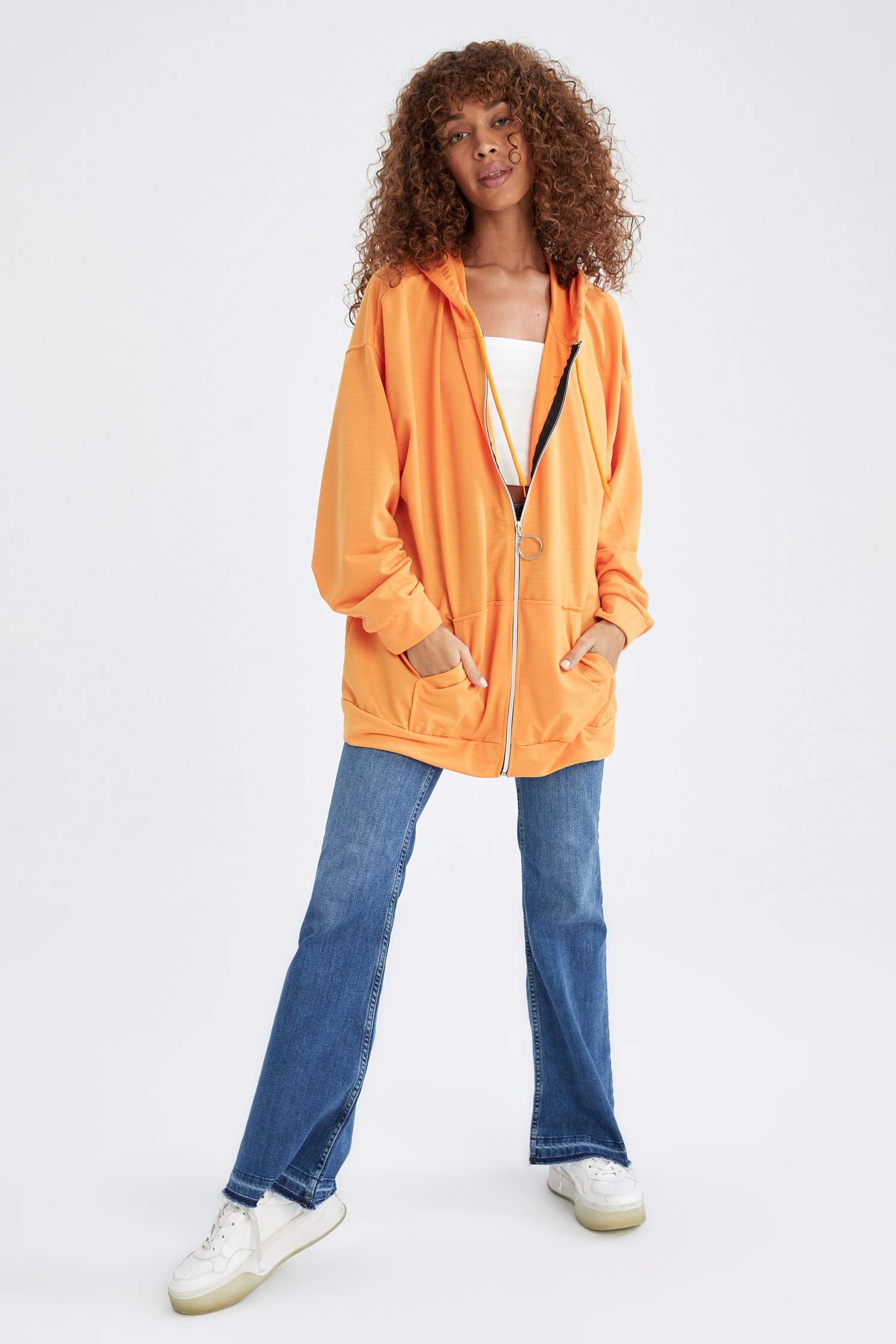 Kapüşonlu Oversize Fit Cep Detaylı Fermuarlı Sweat Hırka