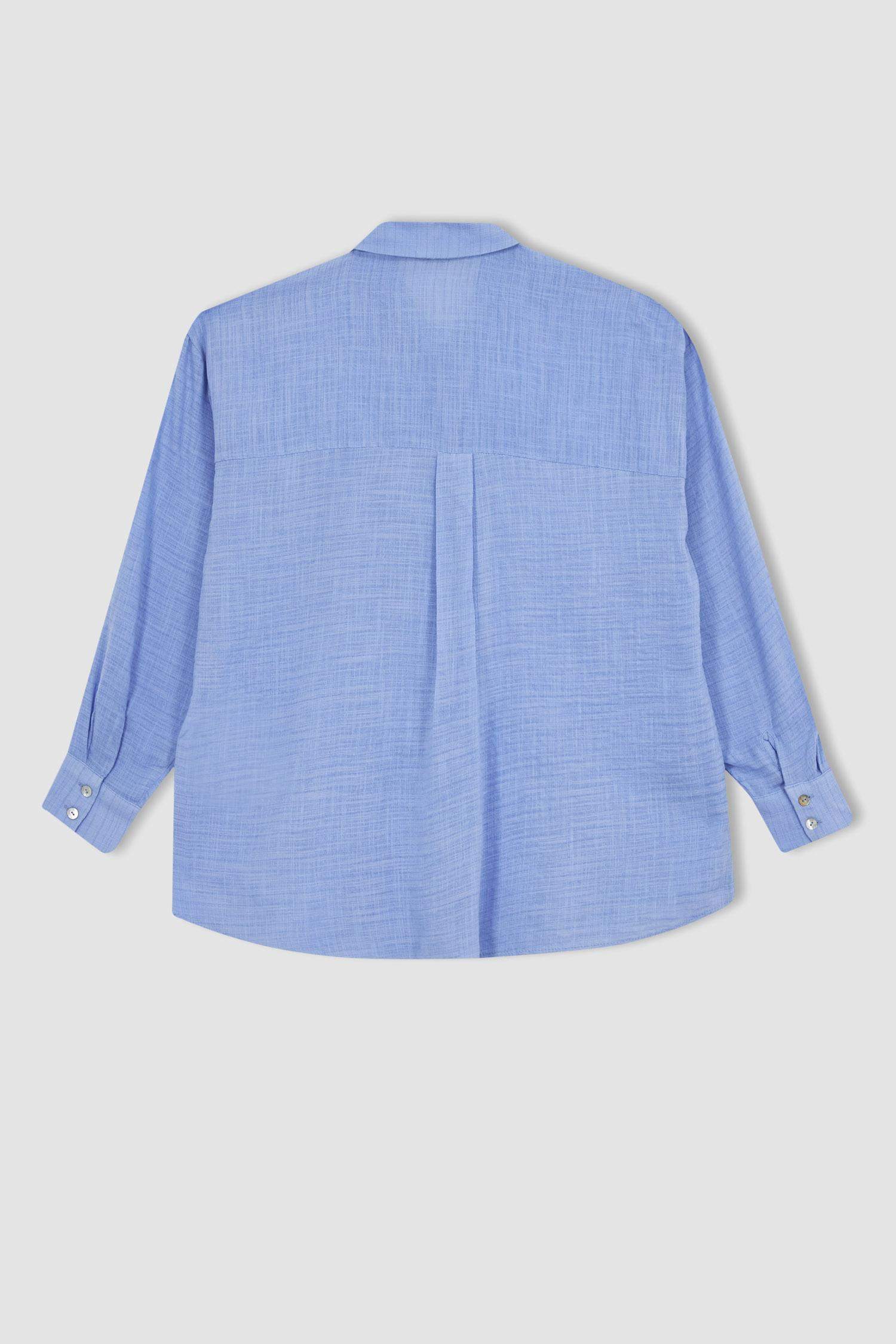 Blue Woman Oversize Fit Shirt Collar Linen Look Long Sleeve Shirt