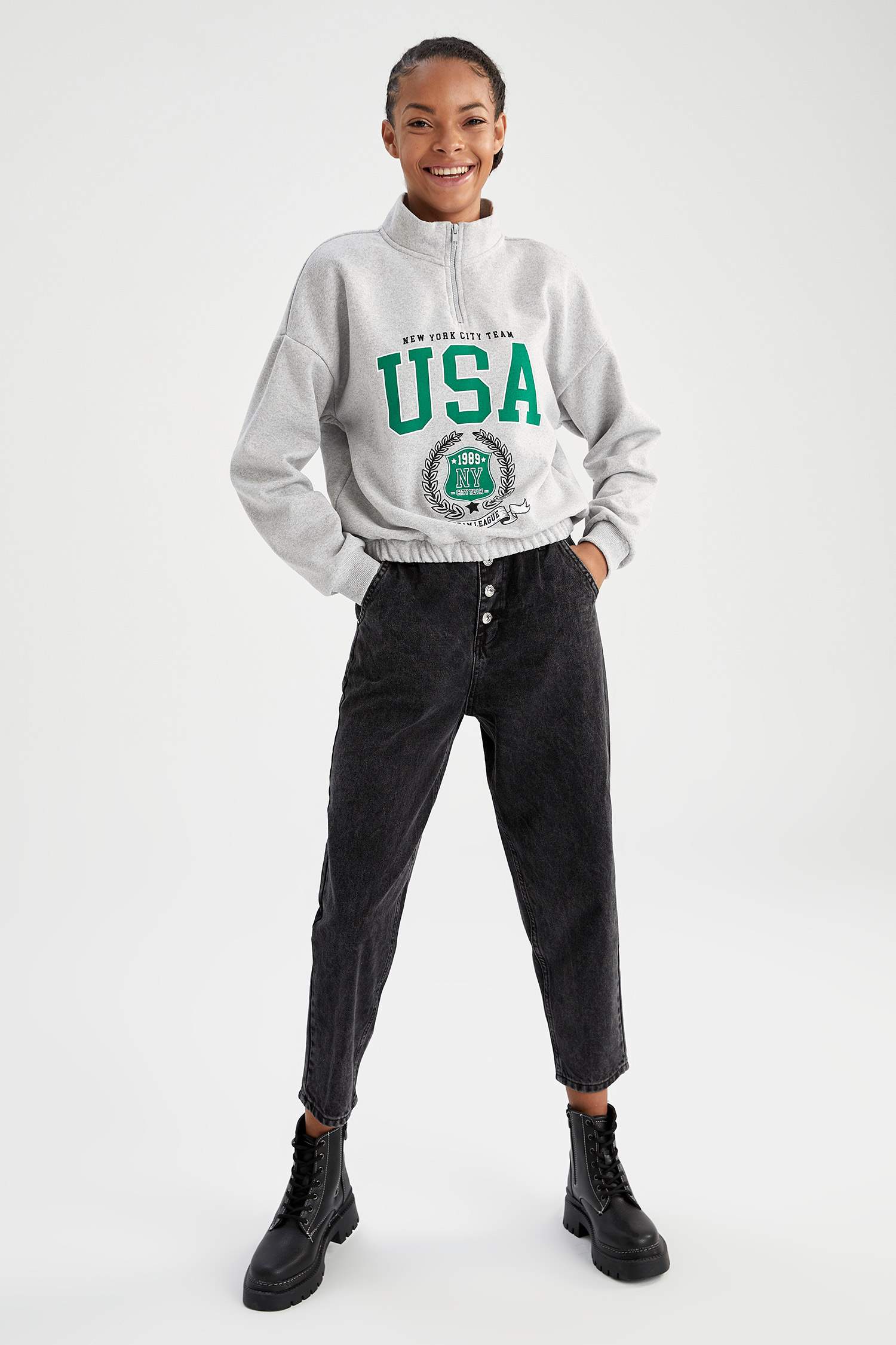 Coool Loose Fit Slogan Basklı Dik Yaka Fermuarlı Sweatshirt