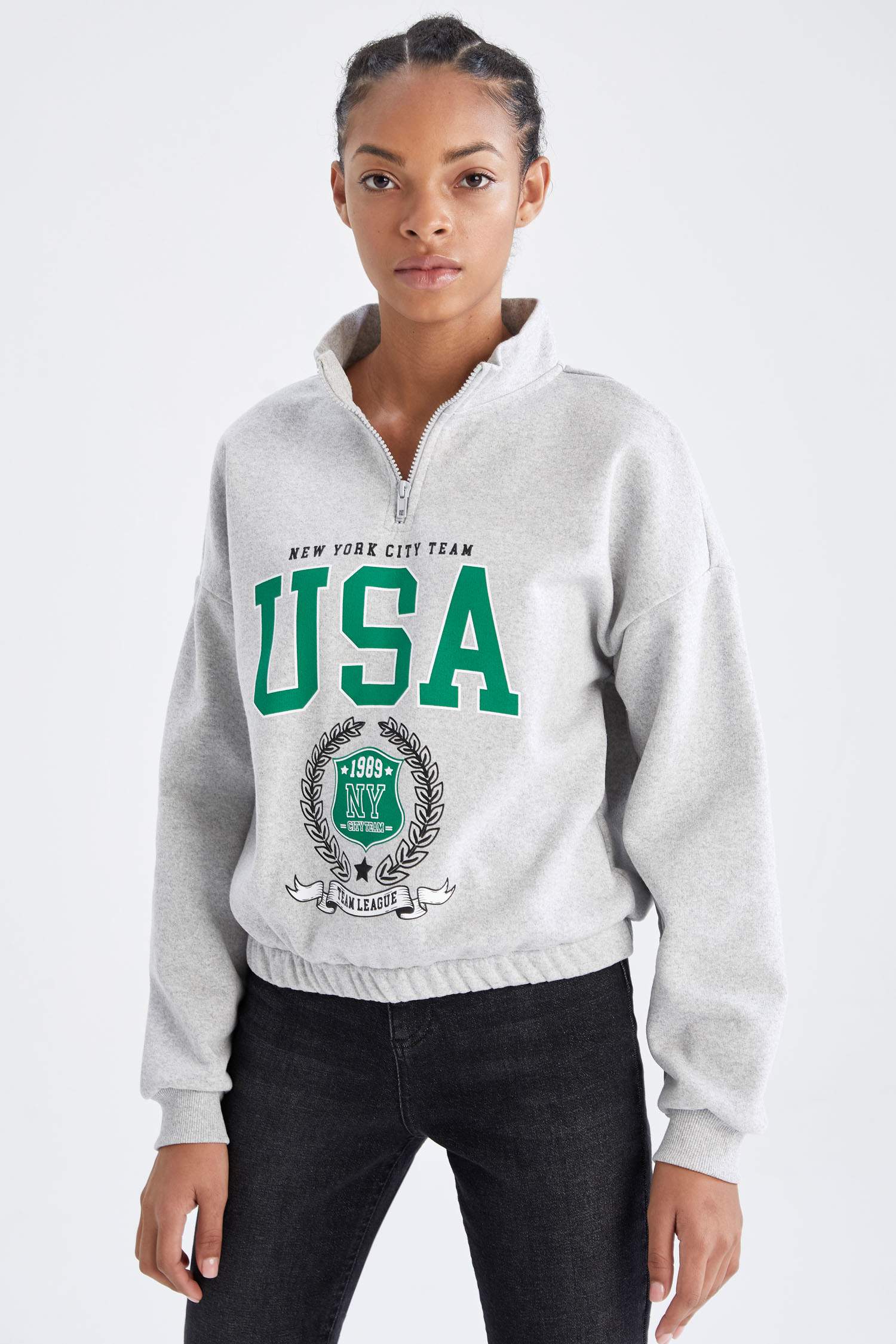 Coool Loose Fit Slogan Basklı Dik Yaka Fermuarlı Sweatshirt