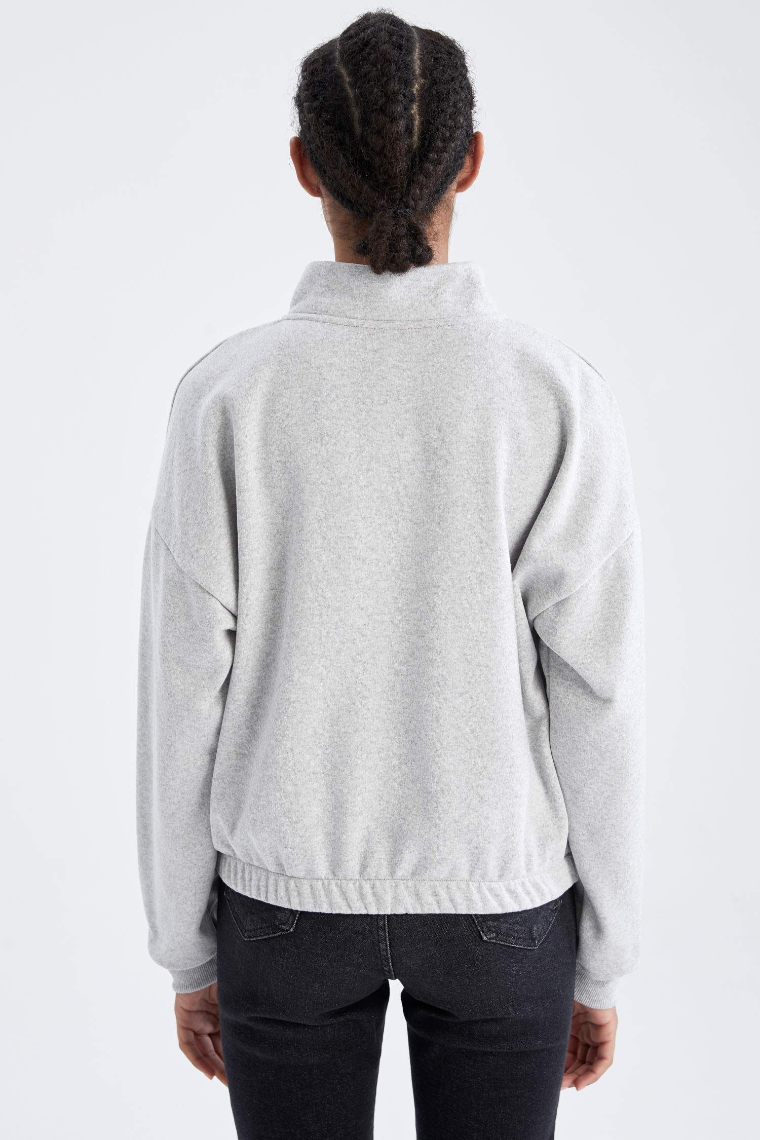Coool Loose Fit Slogan Basklı Dik Yaka Fermuarlı Sweatshirt