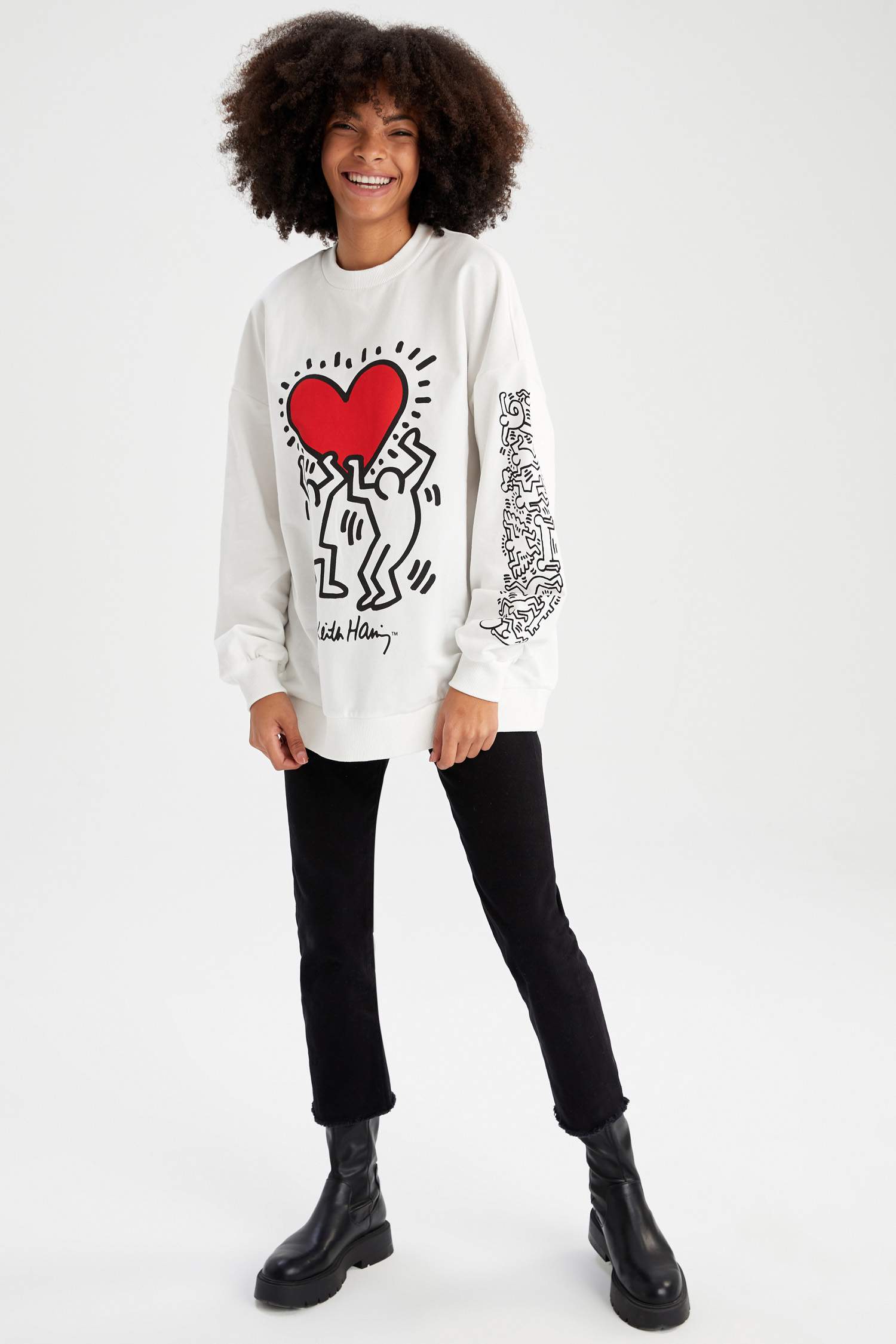 Keith Haring Lisanlı Oversize Fit Bisiklet Yaka Baskılı Uzun Kollu Sweatshirt