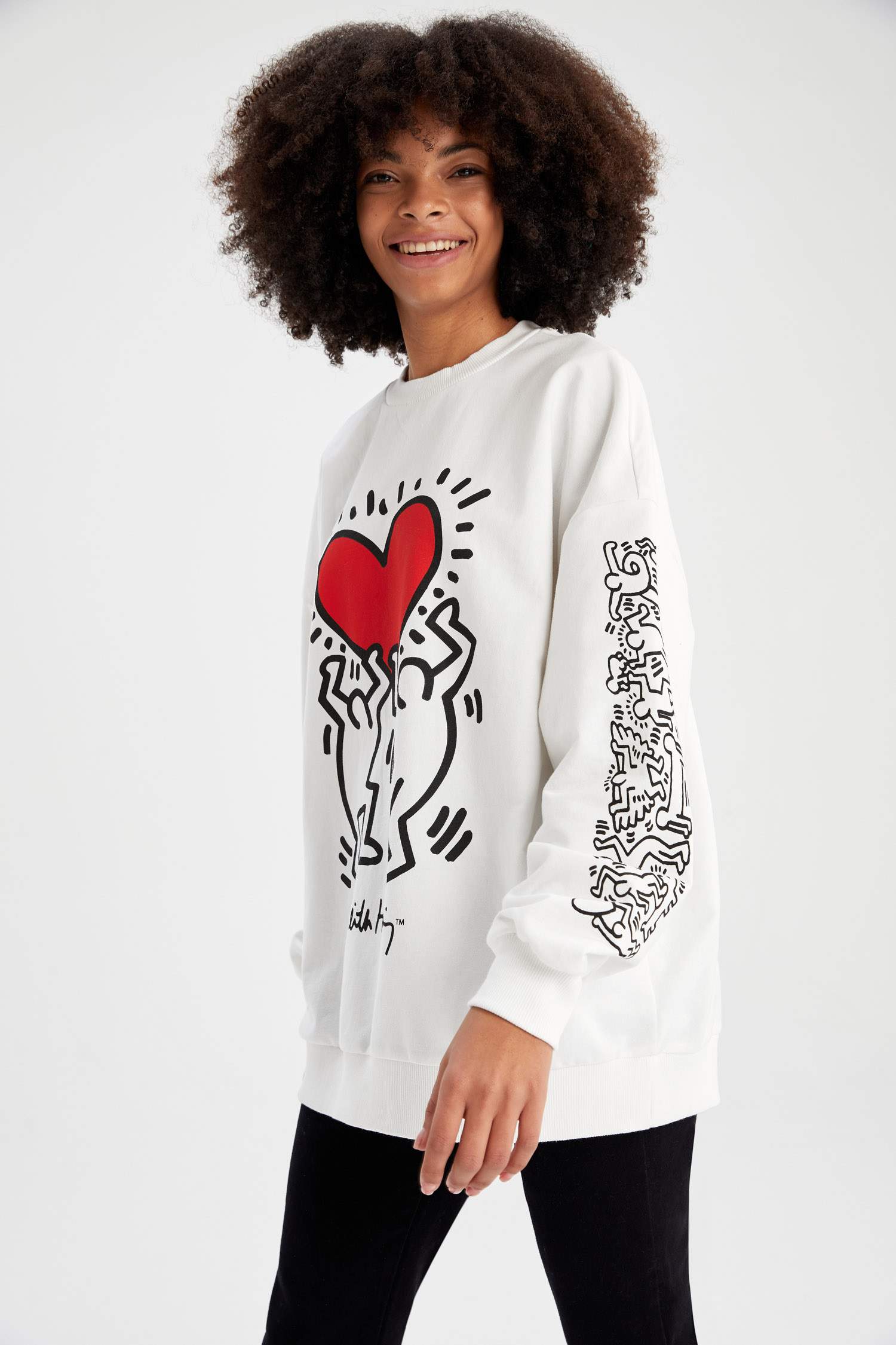 Keith Haring Lisanlı Oversize Fit Bisiklet Yaka Baskılı Uzun Kollu Sweatshirt