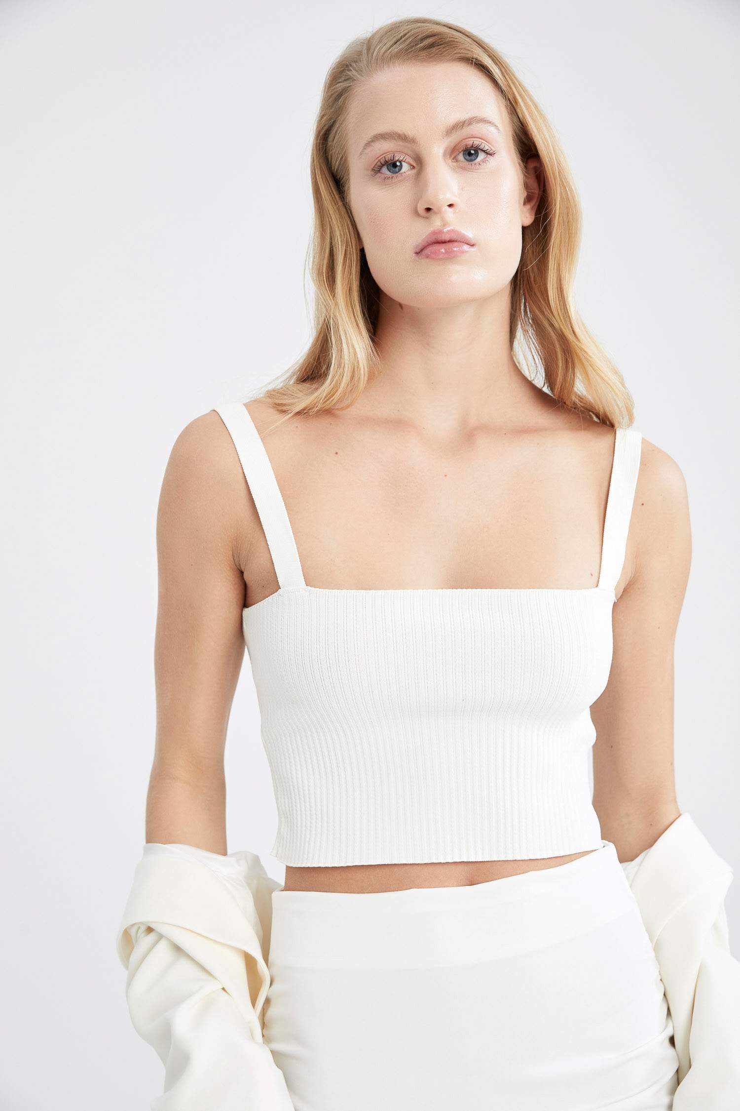 Fitted Askılı Crop Örgü Triko Atlet
