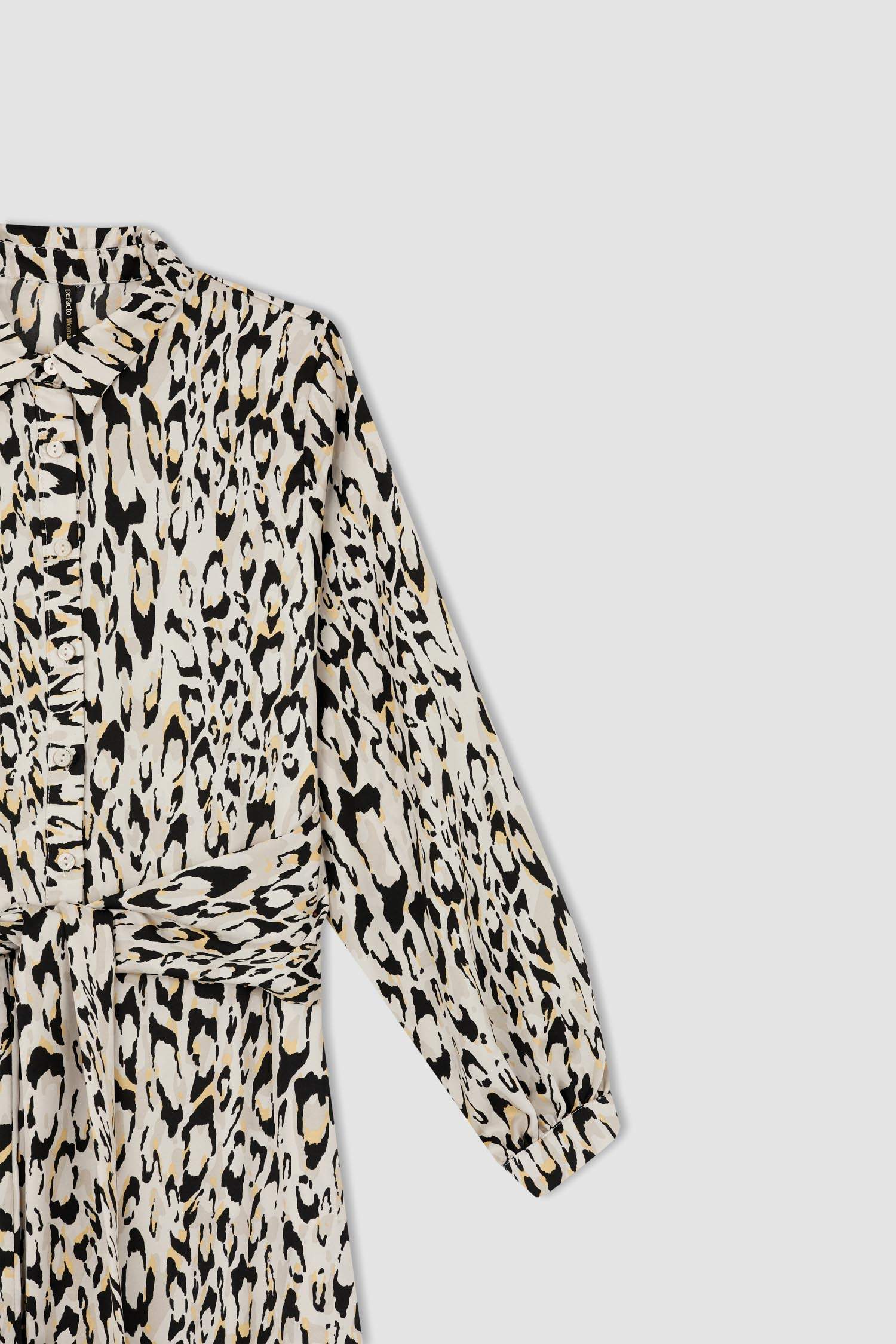 Regular Fit Leopar Desenli Saten Uzun Kollu Maxi Elbise