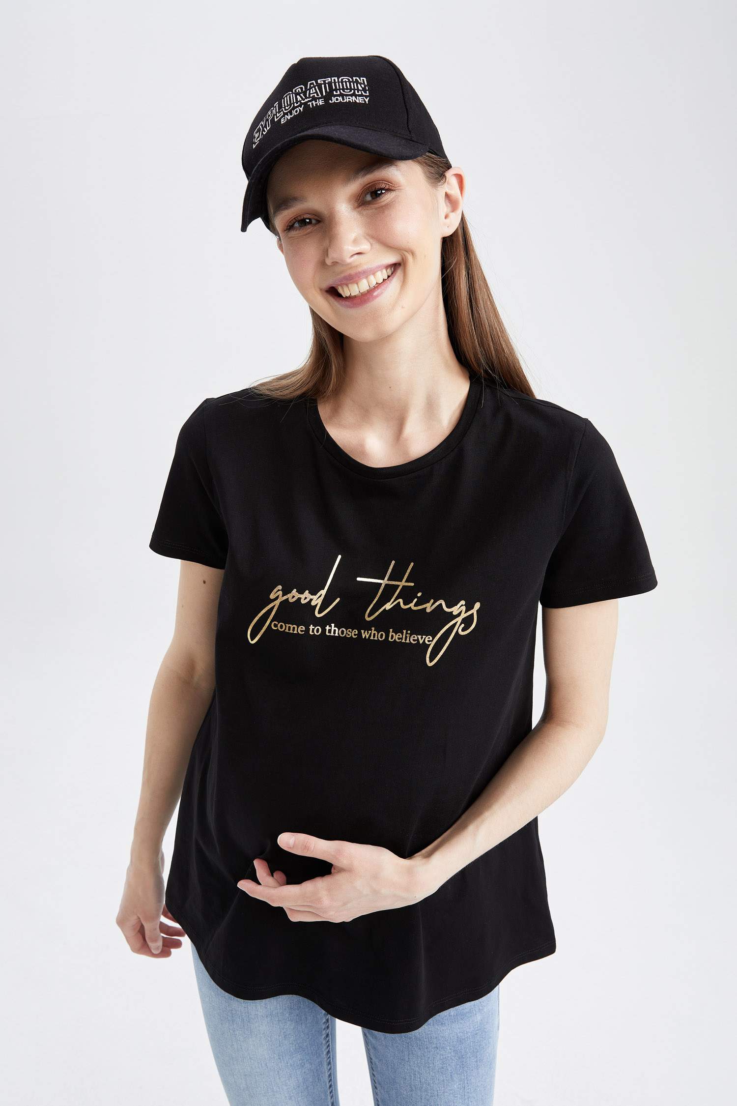 Regular Fit Slogan Baskılı Pamuklu Bisiklet Yaka Hamile Tişört