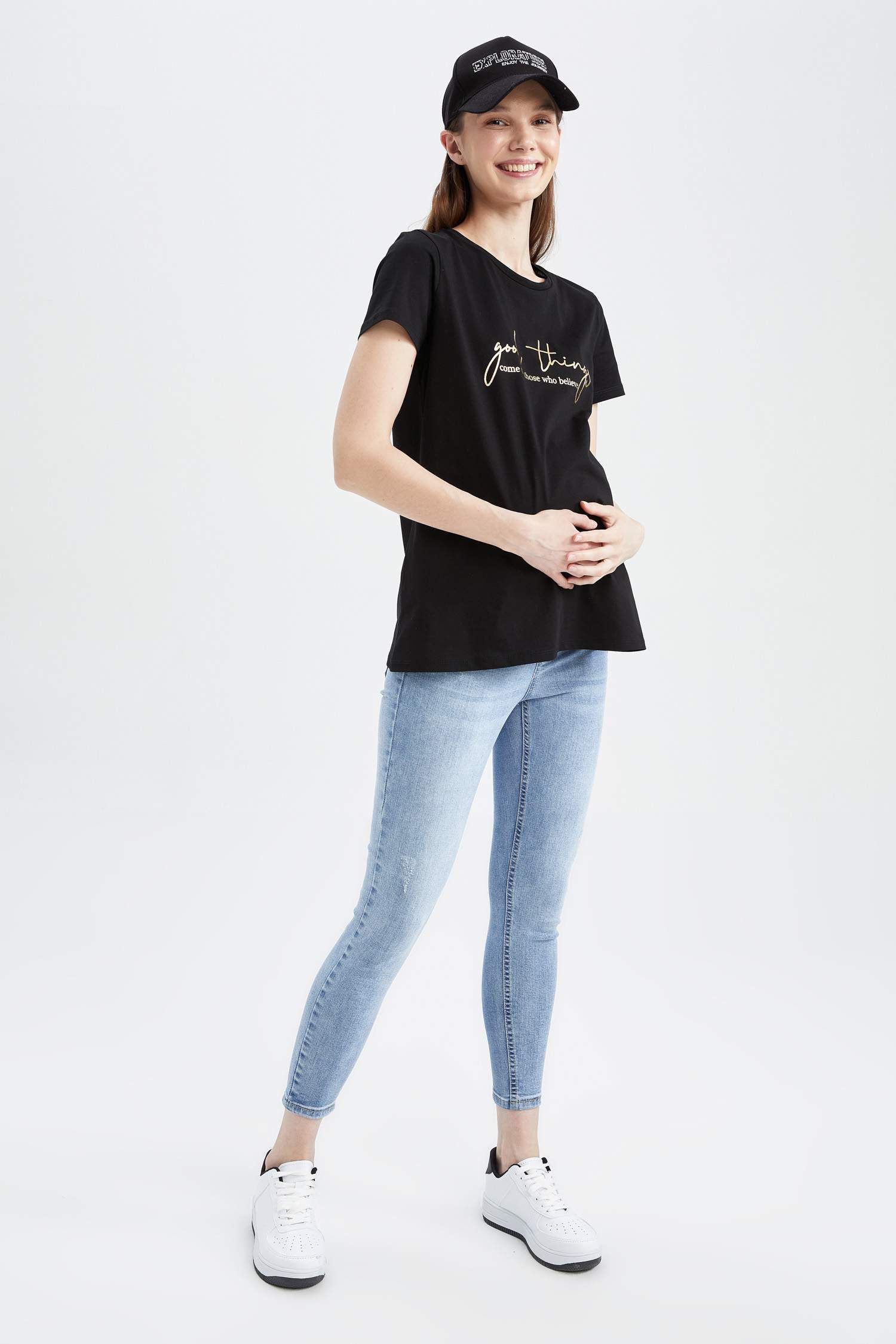 Regular Fit Slogan Baskılı Pamuklu Bisiklet Yaka Hamile Tişört