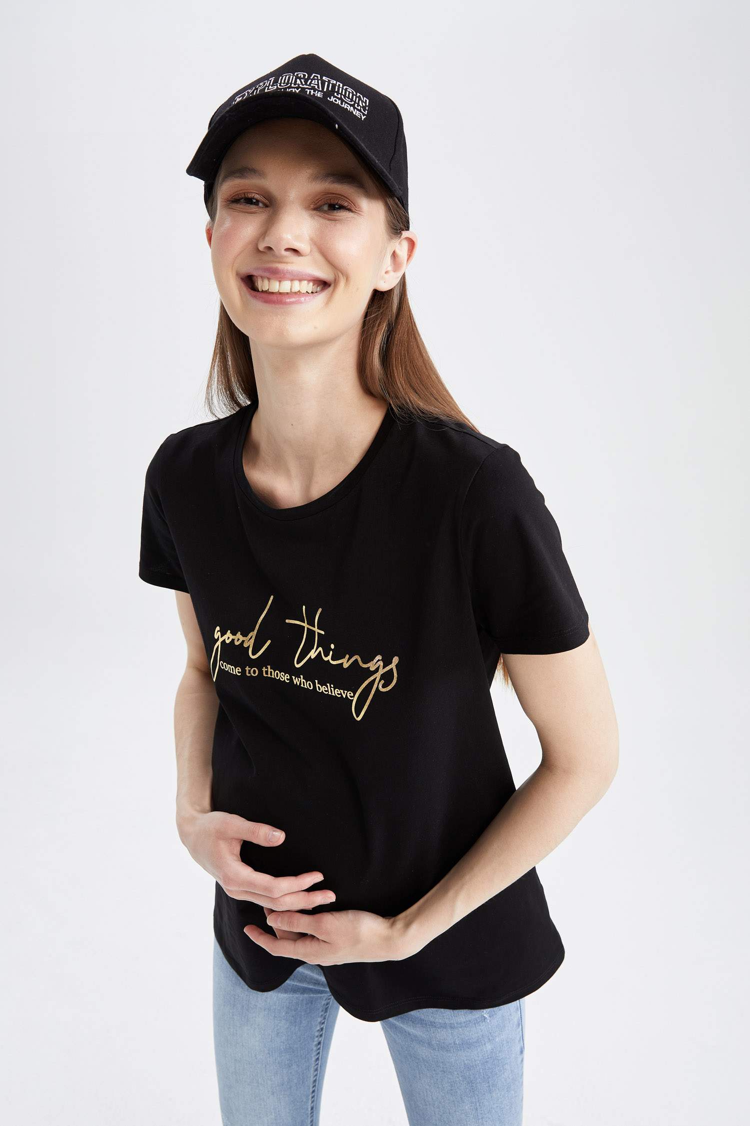 Regular Fit Slogan Baskılı Pamuklu Bisiklet Yaka Hamile Tişört