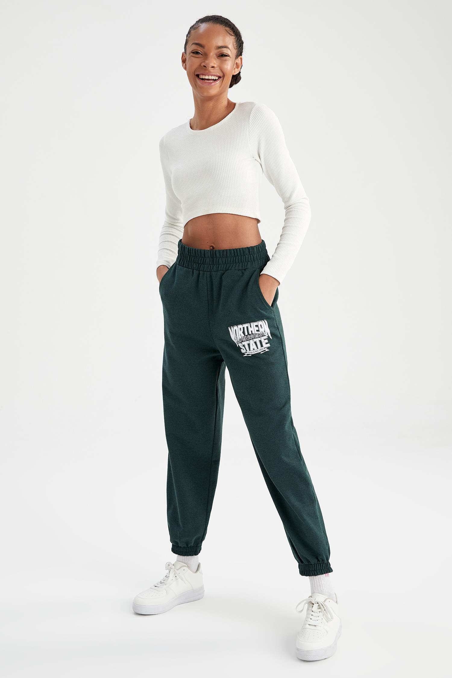 Loose Fit Baskılı Esnek Paça İnce Sweatshirt Kumaşı Eşofman Alt